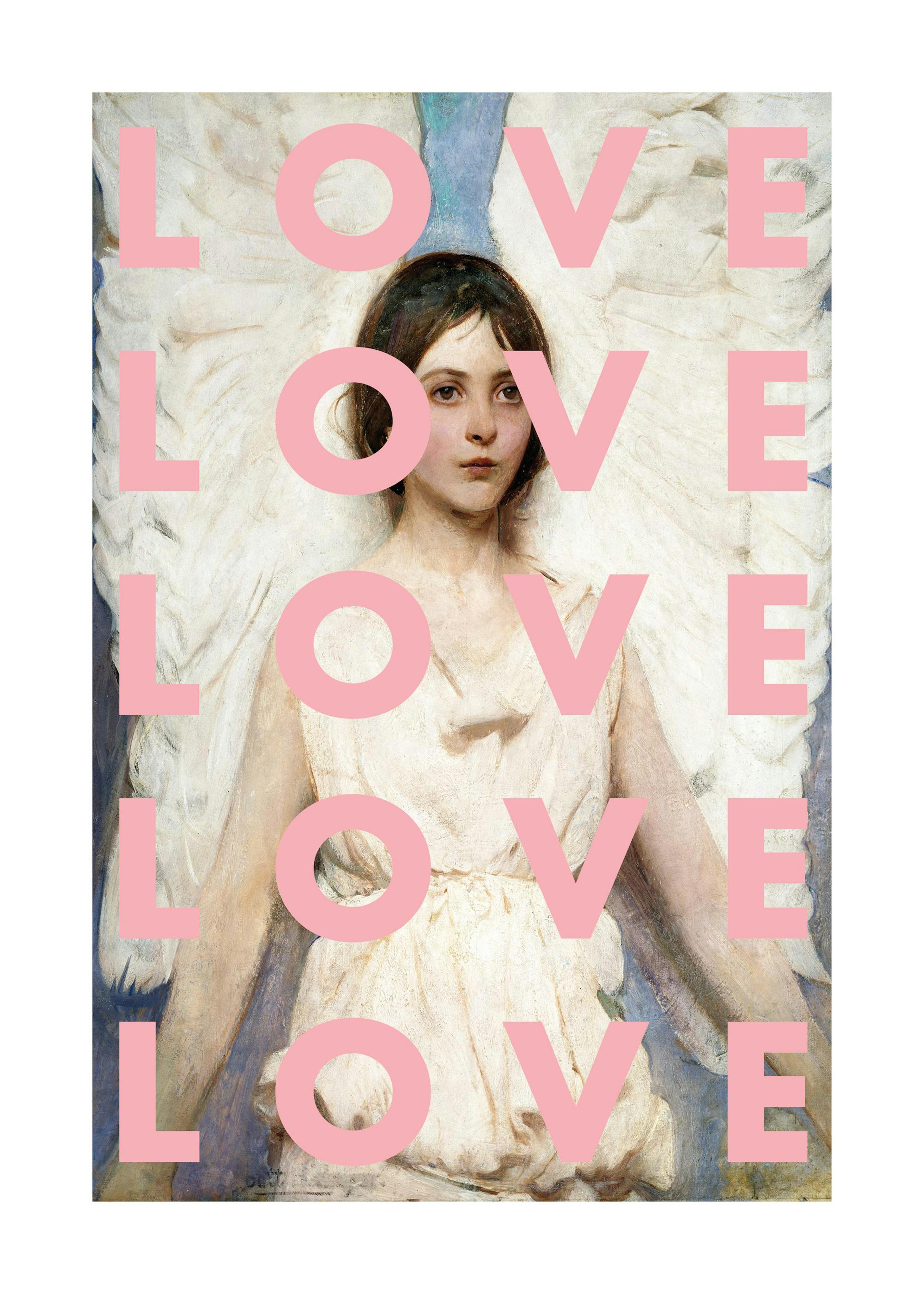 Print of a woman with white wings and pink LOVE text, a unique poster design.