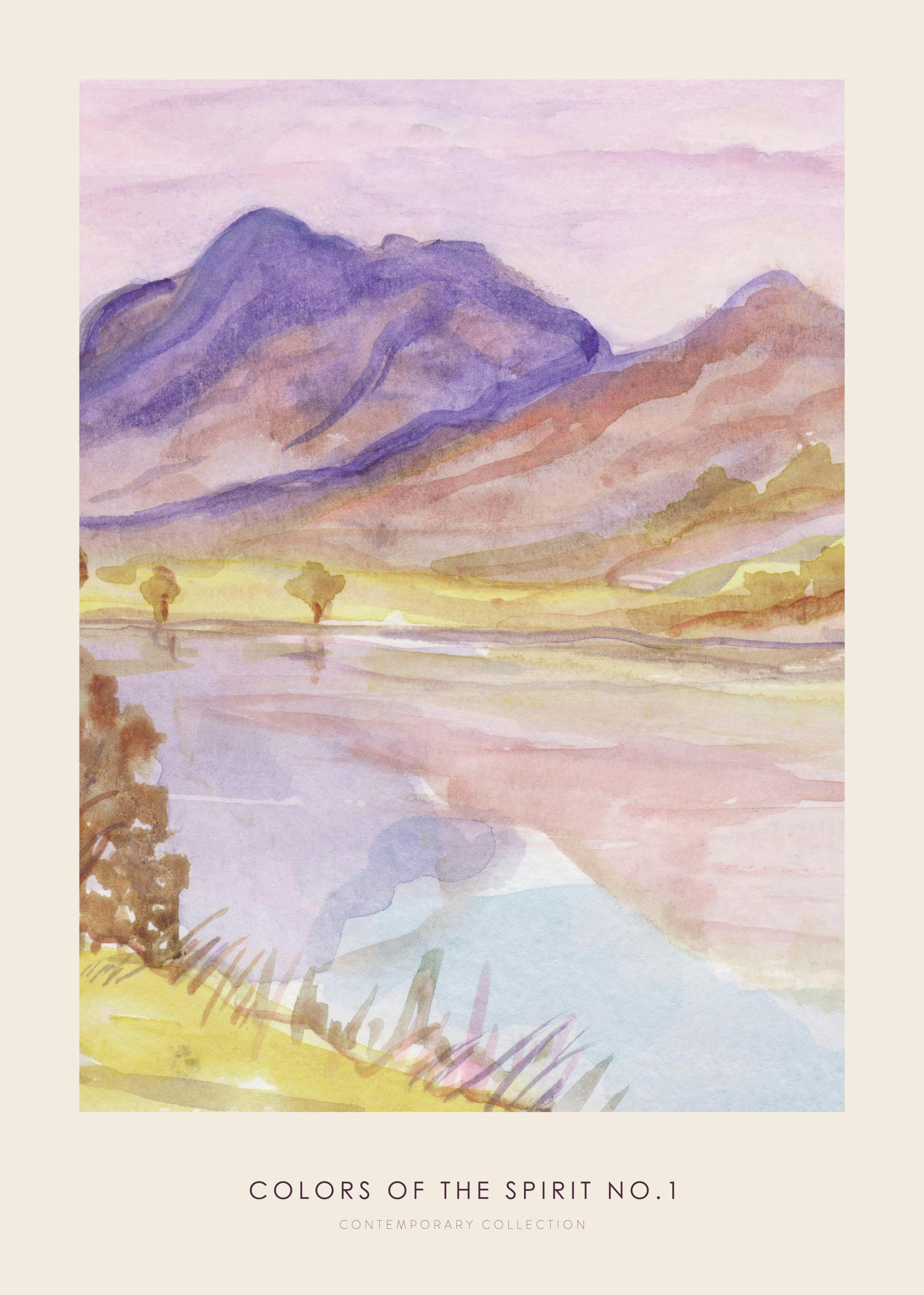Affiche aquarelle pastel dun paysage de vallée avec montagnes et lac