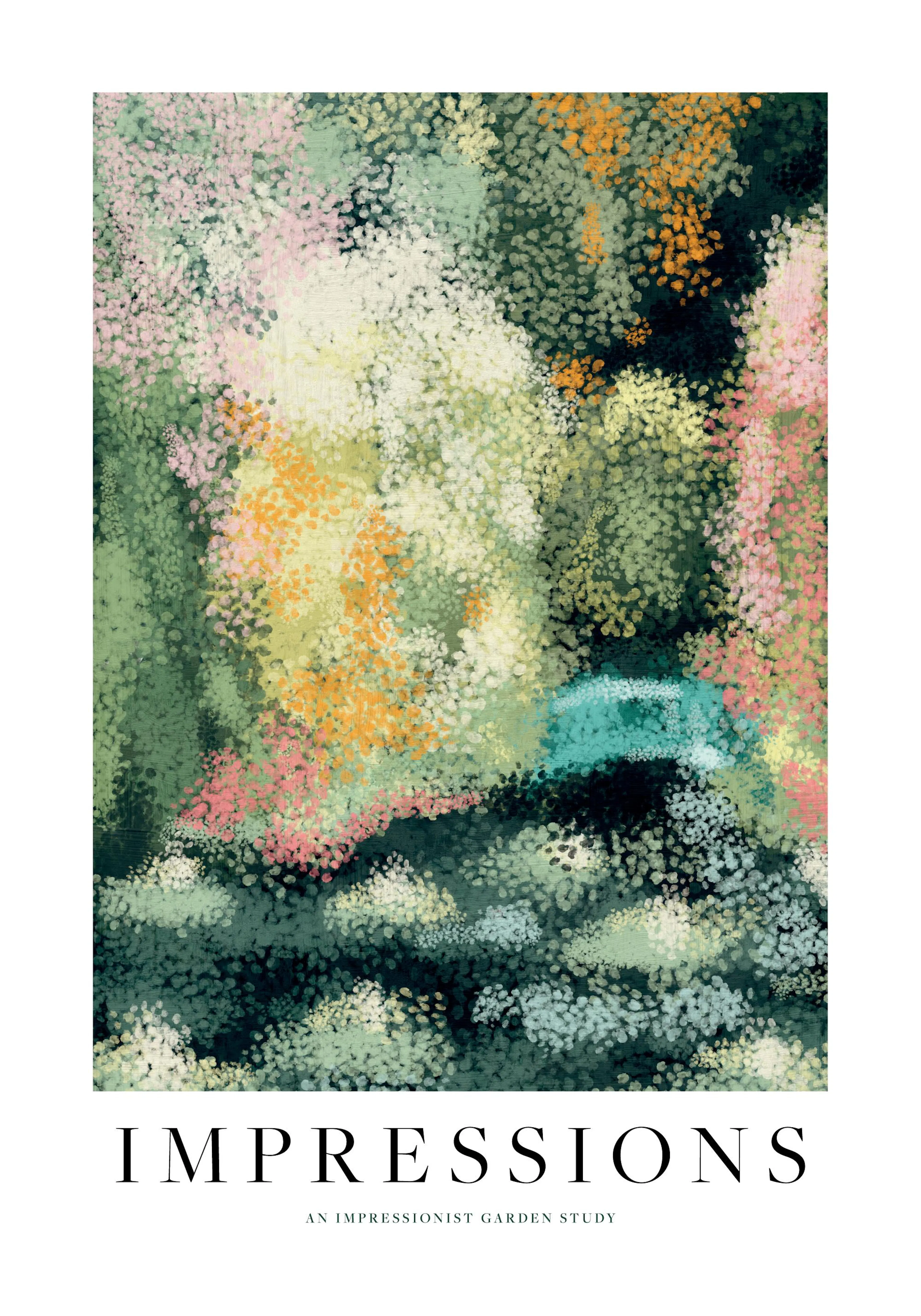 Modernes abstraktes Poster Impressions No1 mit einem Garten in Grün und blühenden Blumen im impressionistischen Stil.