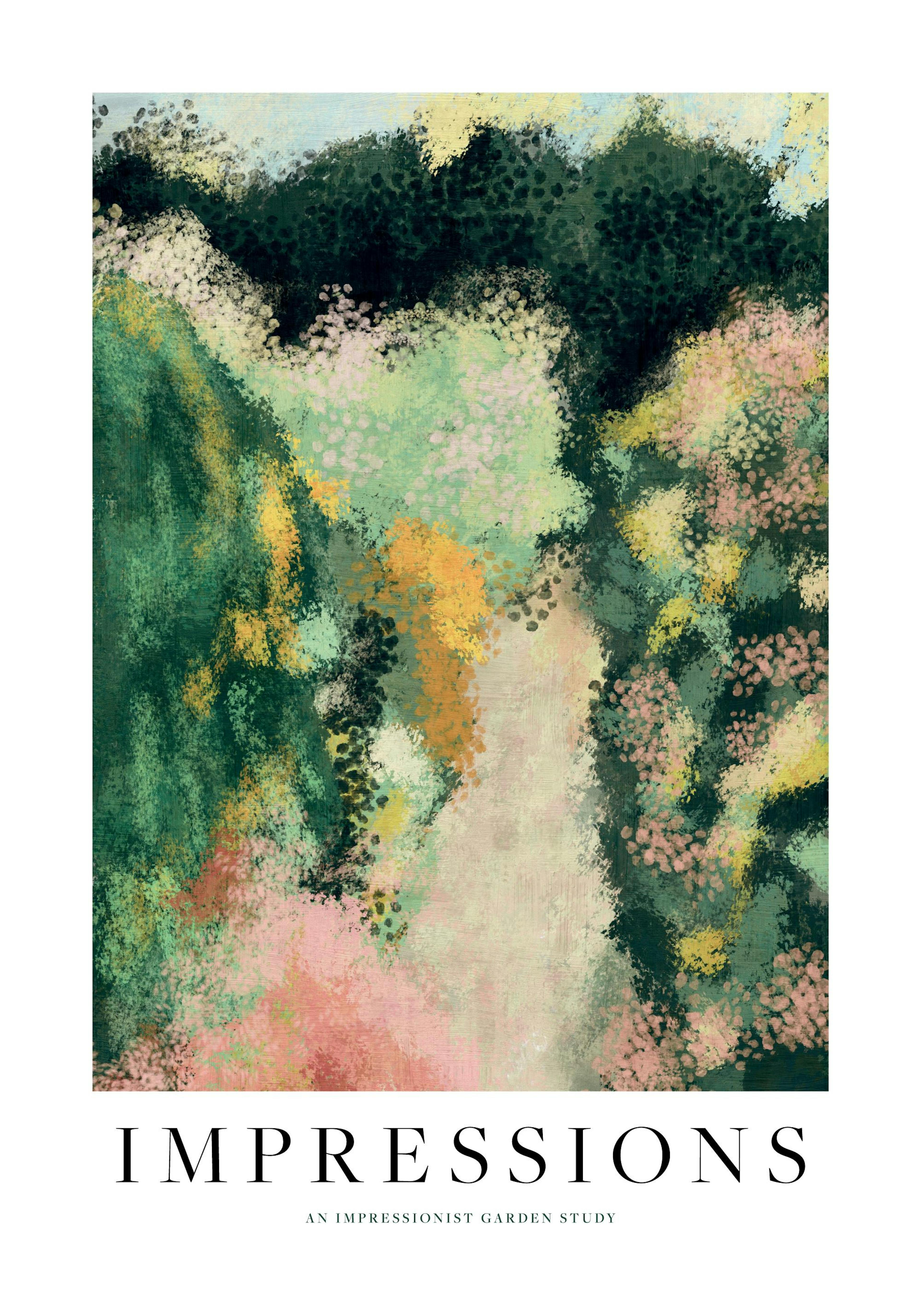 Abstrakt trädgårdsmotiv med gröna blad, rosa och gula blommor, målat i impressionistisk stil med varma färger.