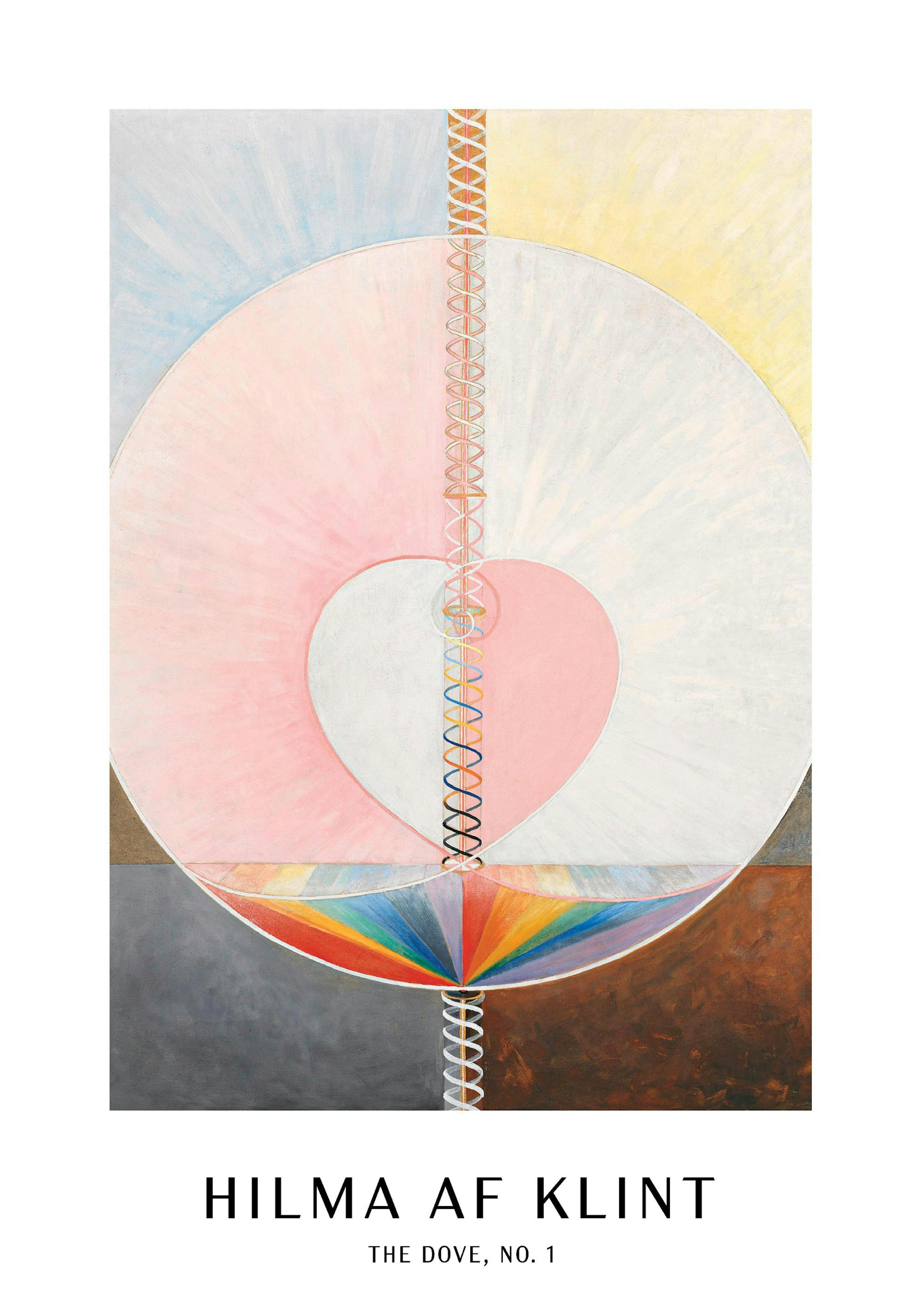 Póster abstracto de Hilma af Klint, La Paloma, No. 1, con un corazón rosa y blanco, espirales entrelazadas y un arcoíris en tono