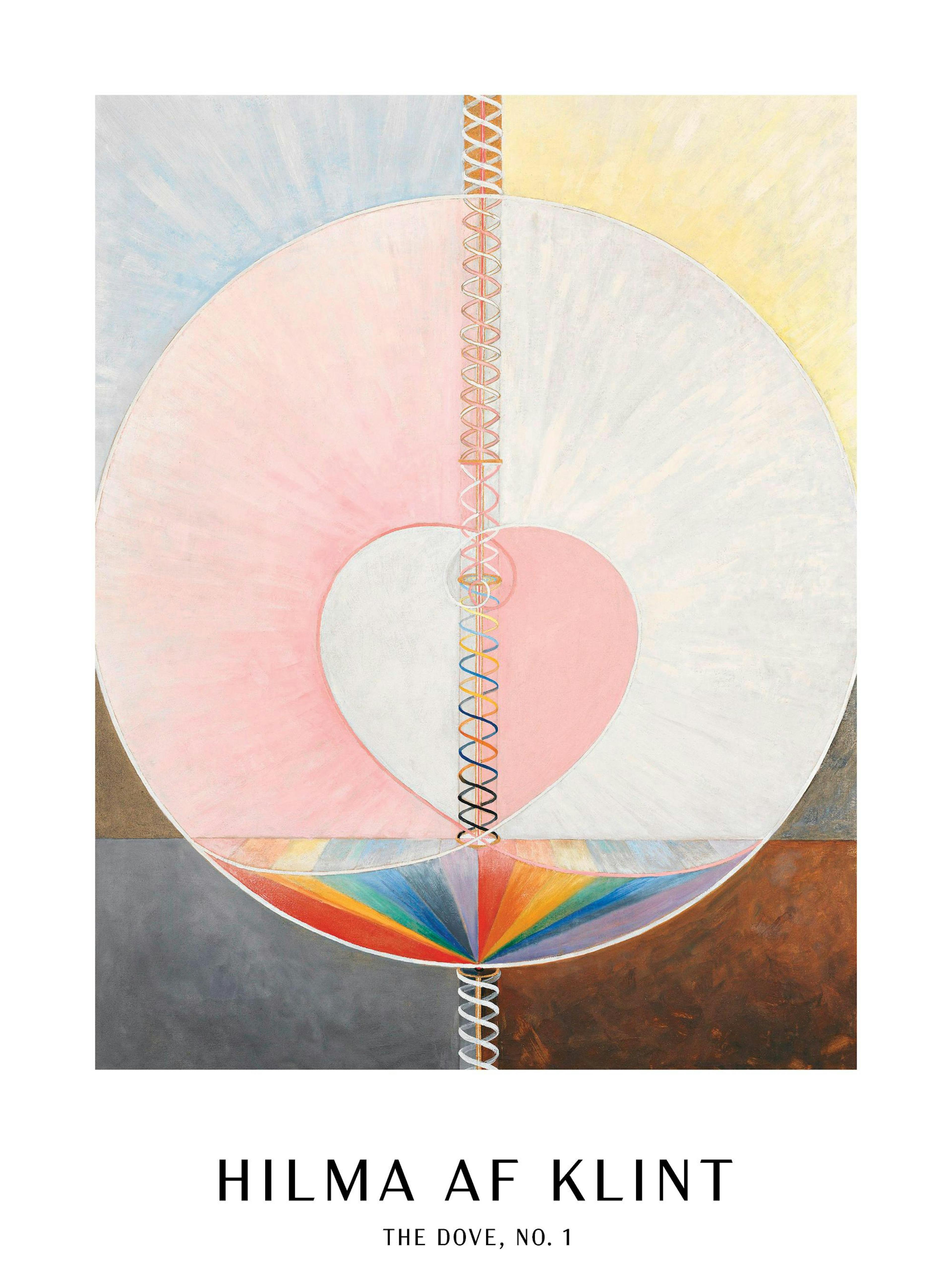 Abstract print by Hilma Af Klint, The Dove, No.1 with a heart, circles, and rainbow colors in pastel hues.