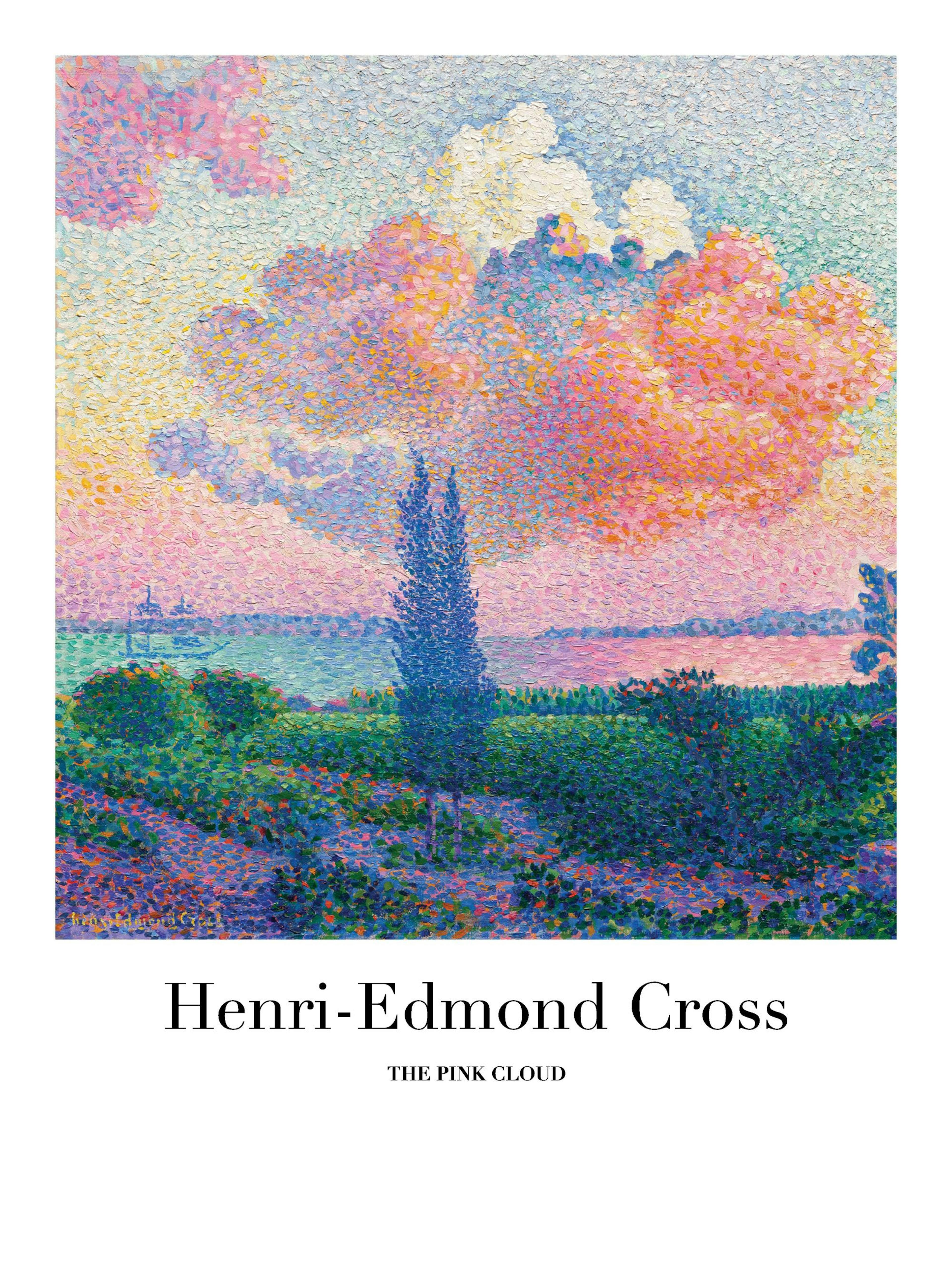Póster de arte de Henri-Edmond Cross, paisaje marino puntillista con follaje verde, cielo rosado y púrpura. Obra maestra neoimpr