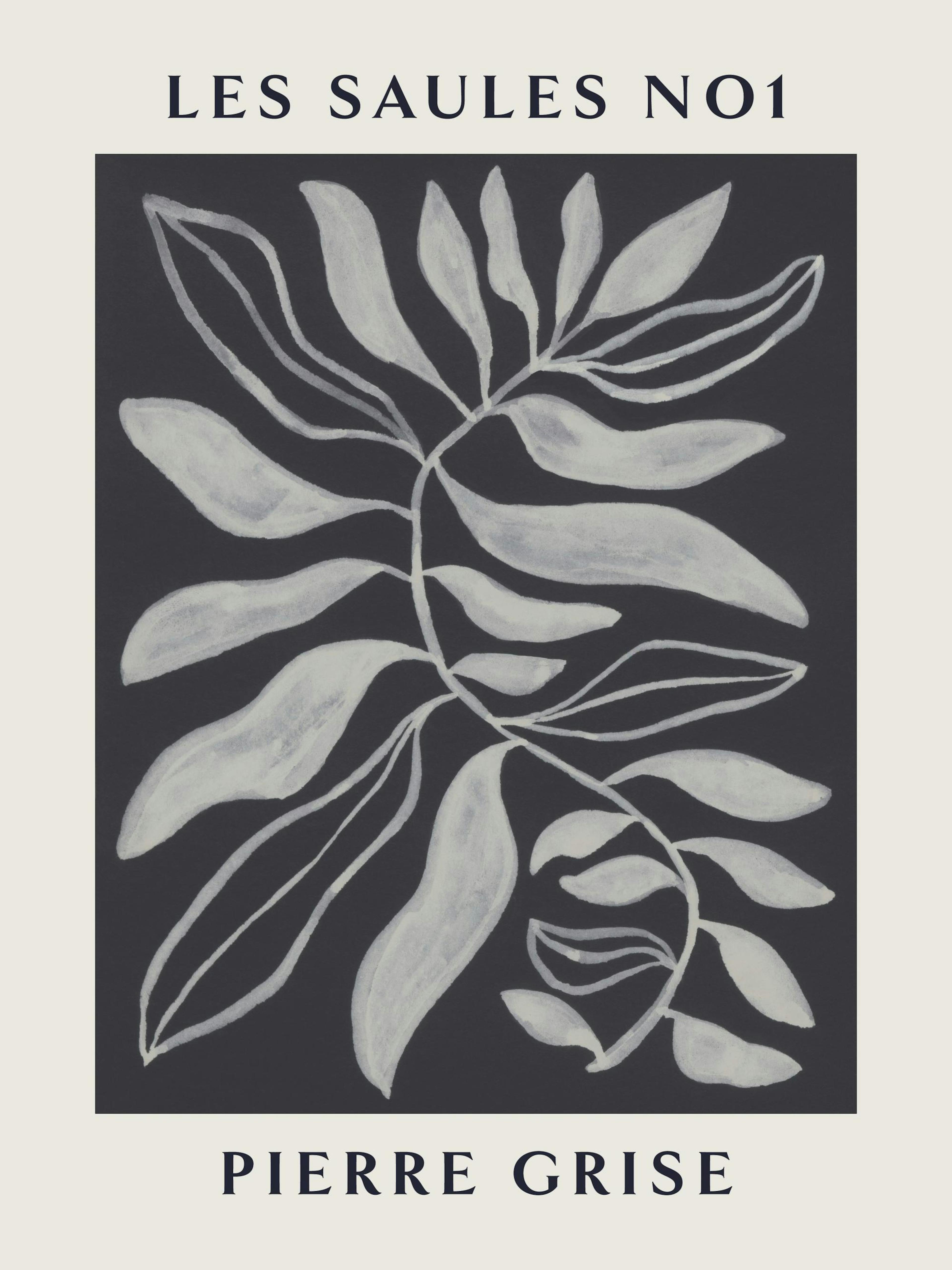 Póster de arte moderno con rama y hojas blancas sobre fondo negro, marco beis y texto Les Saules No1 - Pierre Grise.