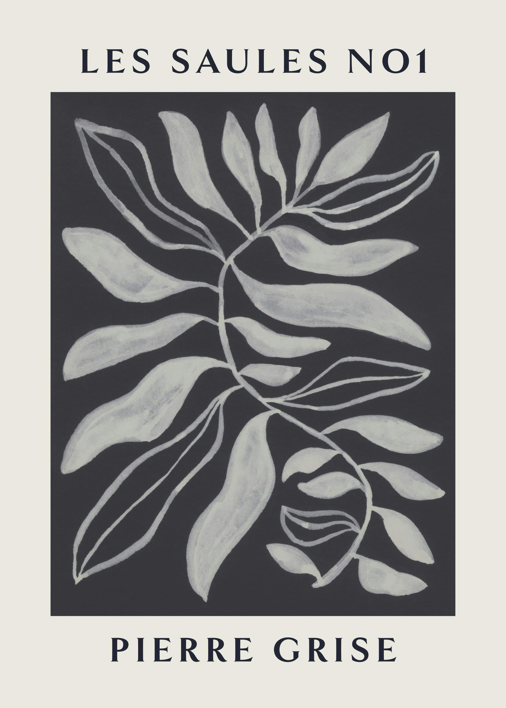 Affiche Les Saules No1, plante noire stylisée sur fond beige, typographie Pierre Grise en bas