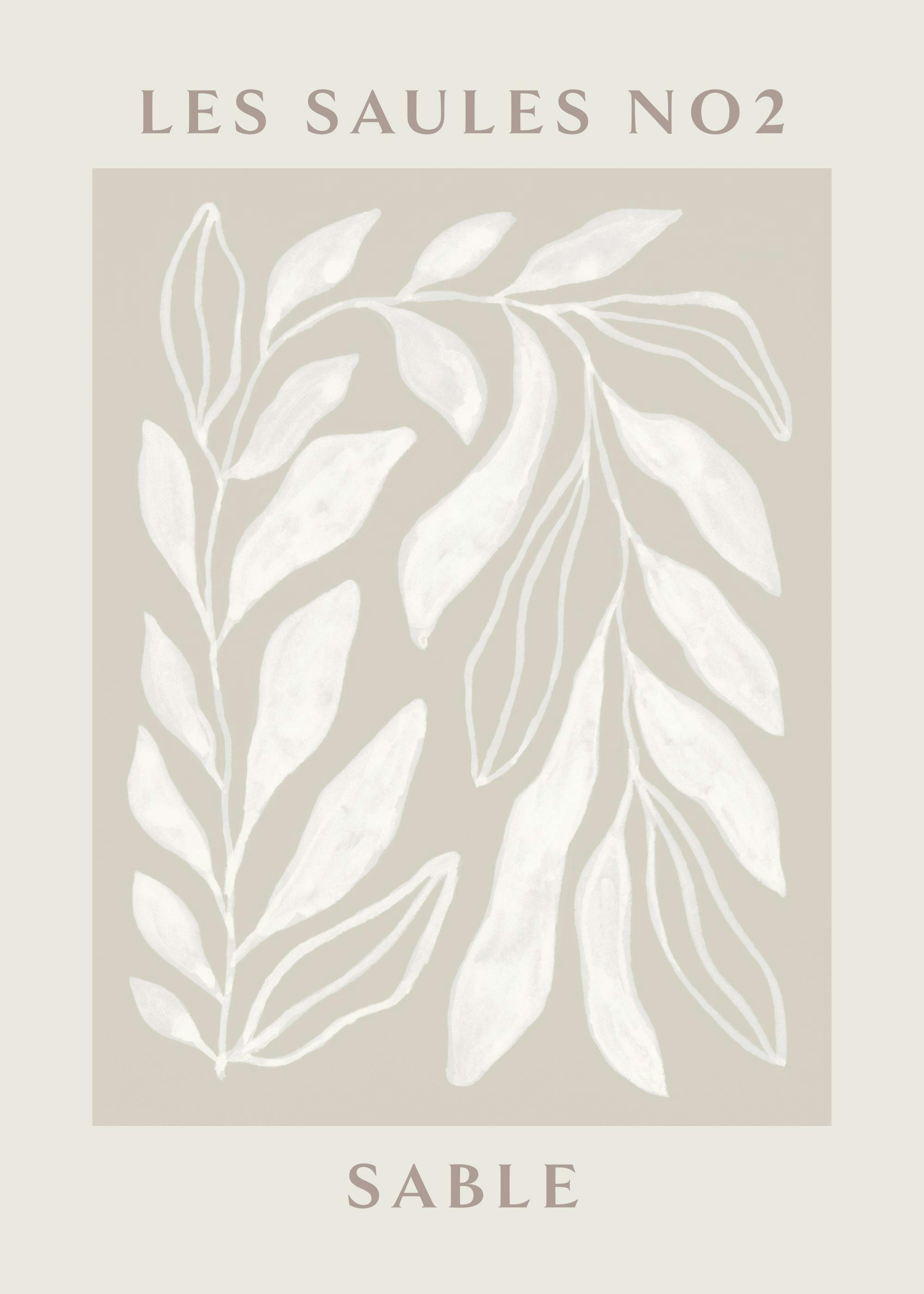 Plakat Les Saules No2: Białe liście w stylu botanicznym na beżowym tle, nowoczesny wystrój wnętrz.