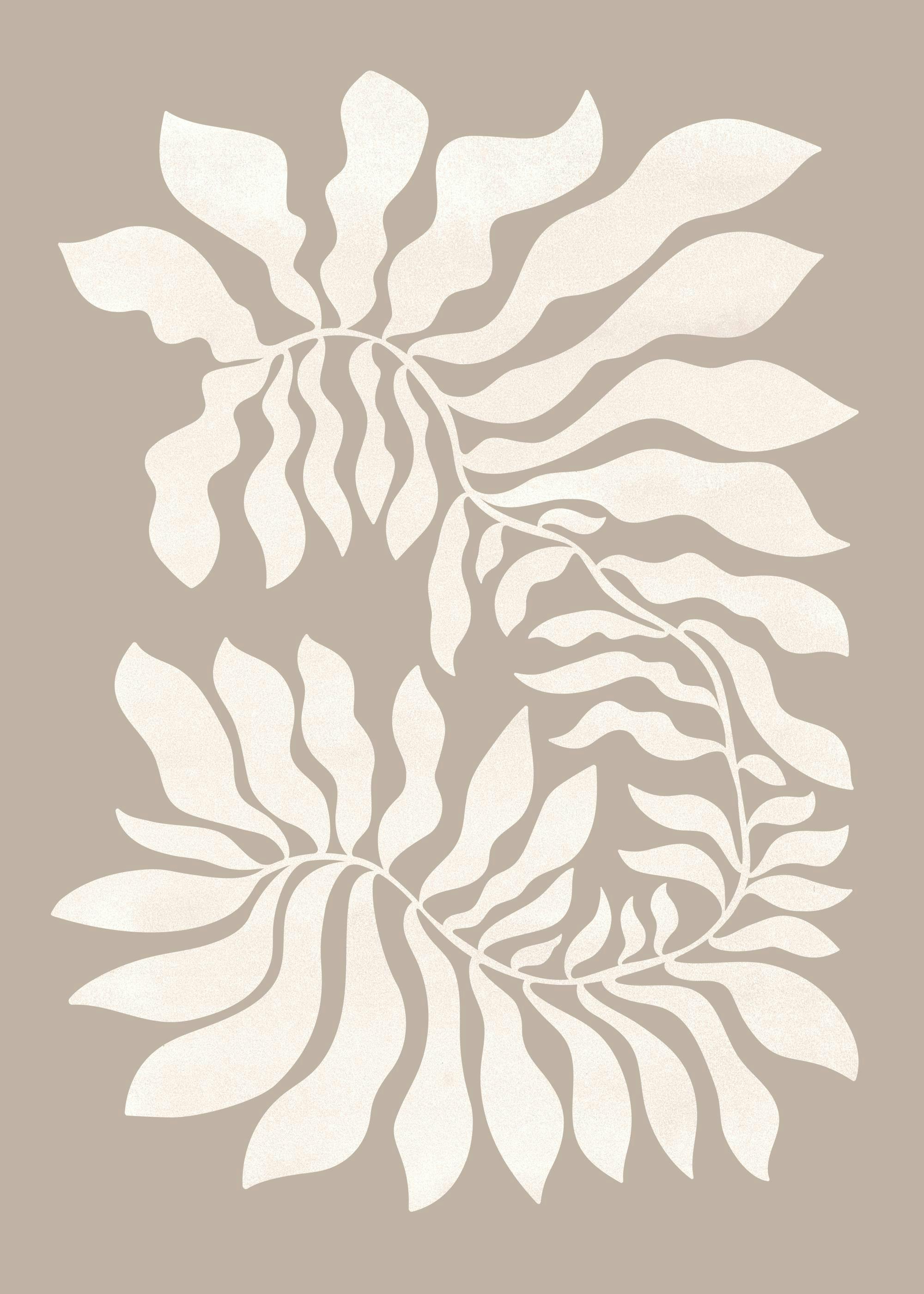 Beige graphic plant poster featuring white wavy leaves with a textured background, forming a flowing design