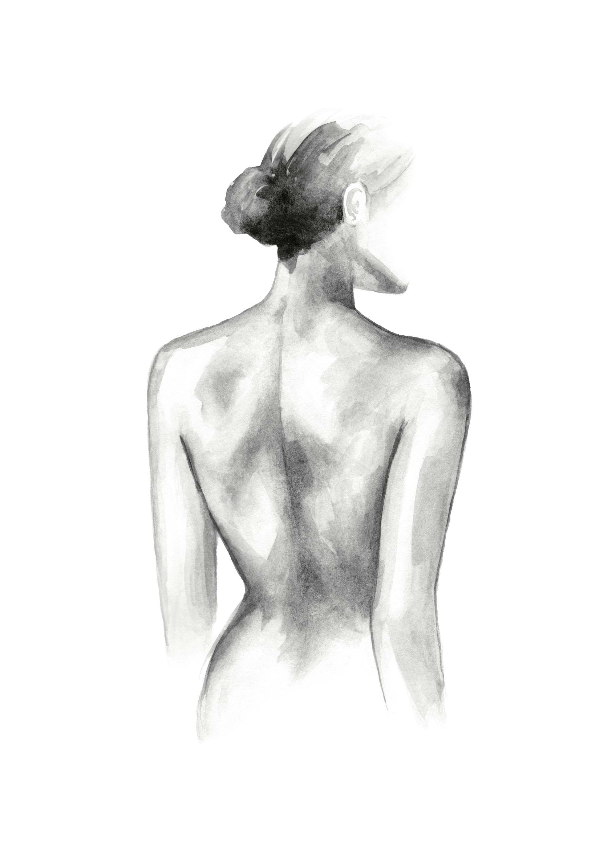 Acquarello femminile in bianco e nero che ritrae la schiena di una donna, poster artistico monocromatico