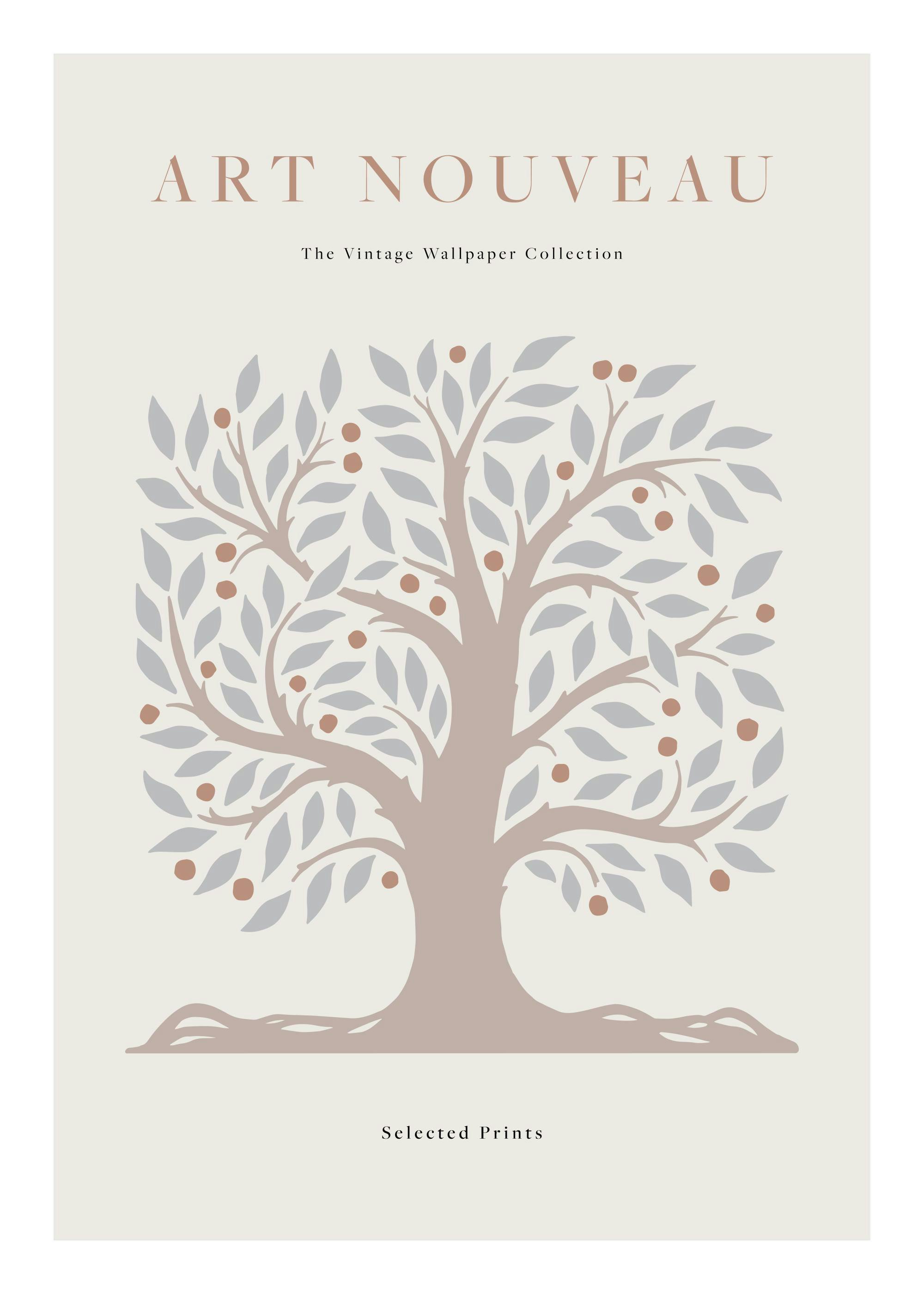 Vintage tree print with grey leaves and brown fruit, perfect for a poster.