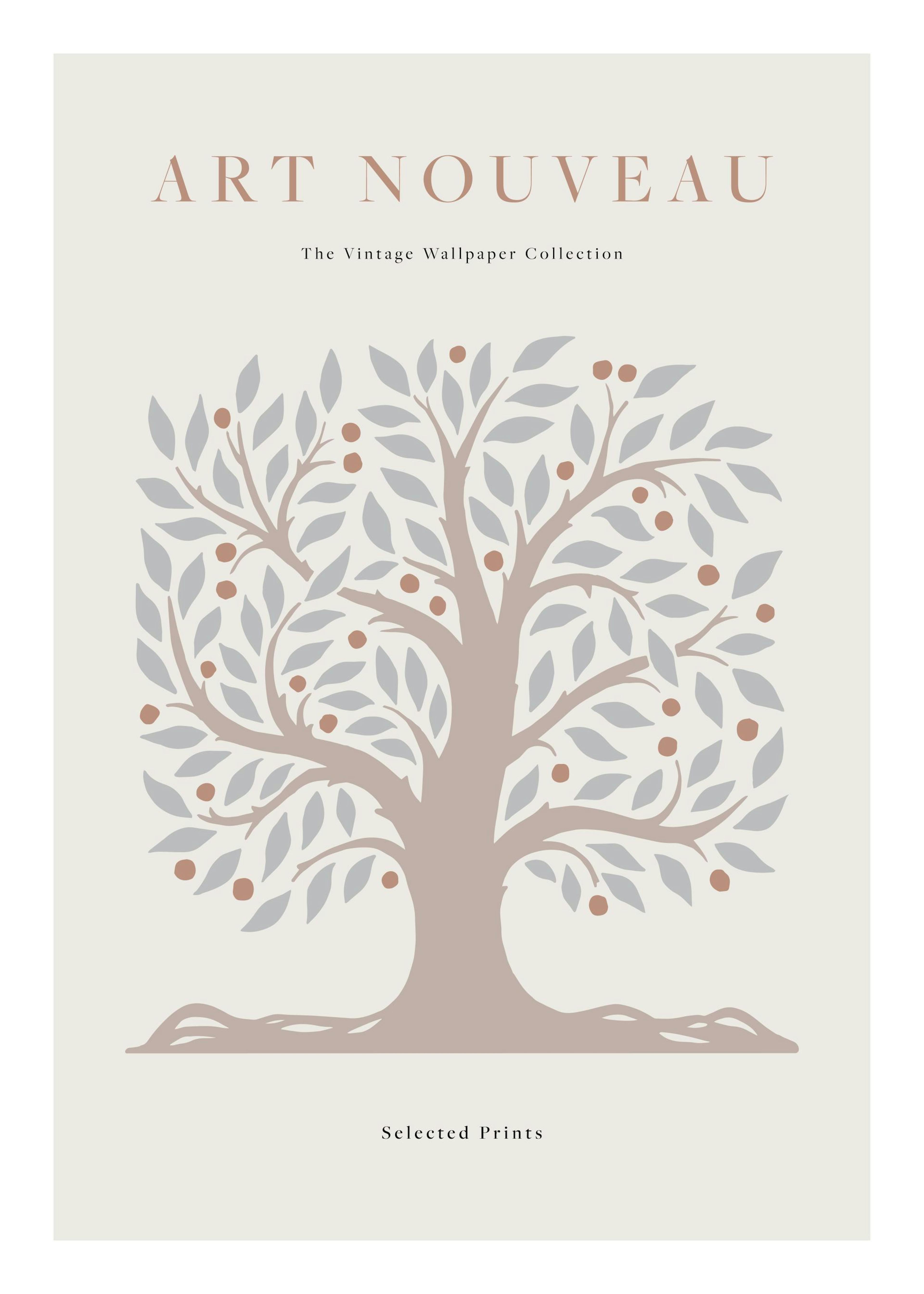 Vintage tree print with grey leaves and brown fruit, perfect for a poster.