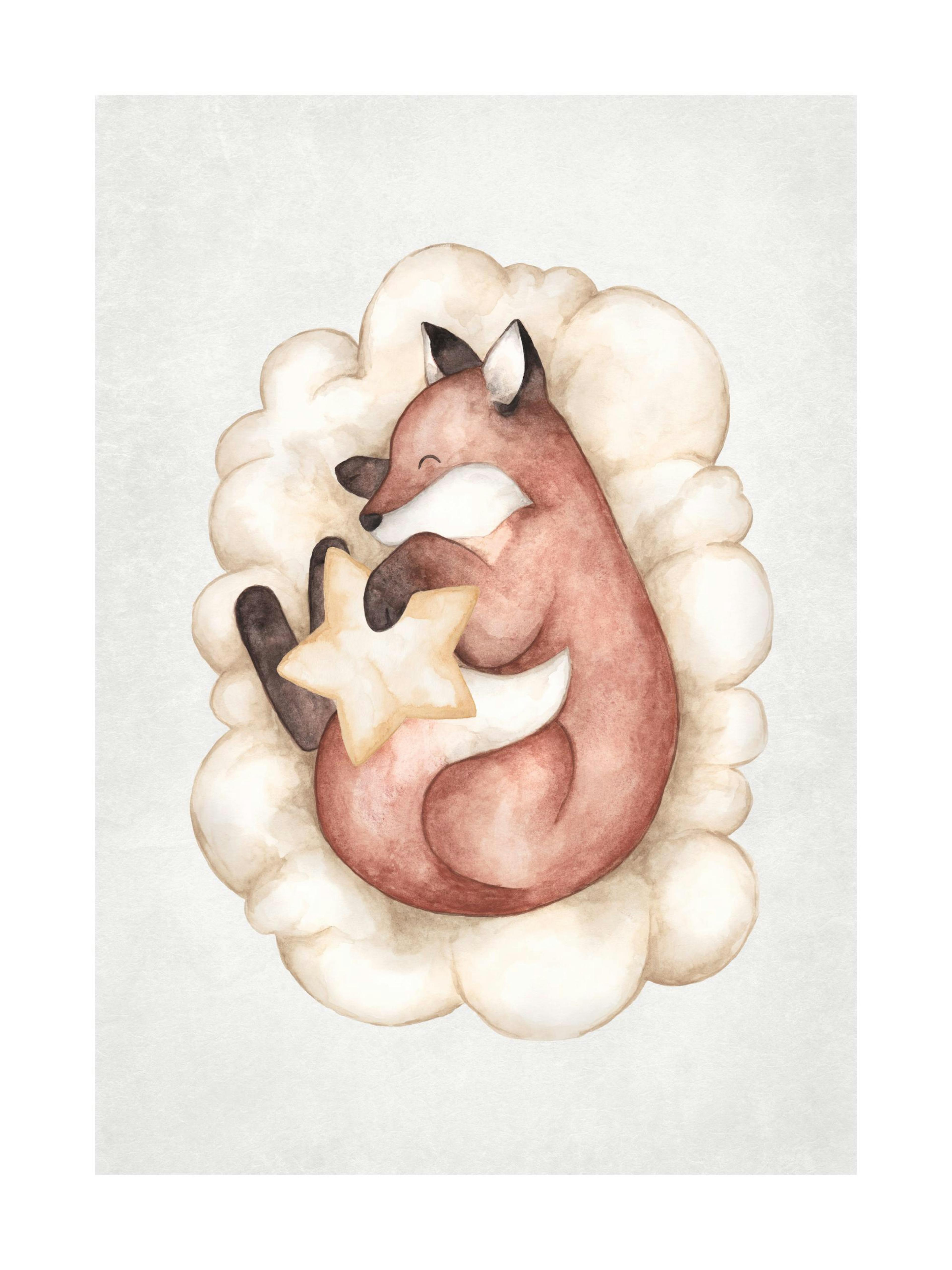 Akwarelowy plakat z rudym liskiem śpiącym na beżowej chmurce, przytulającego żółtą gwiazdkę