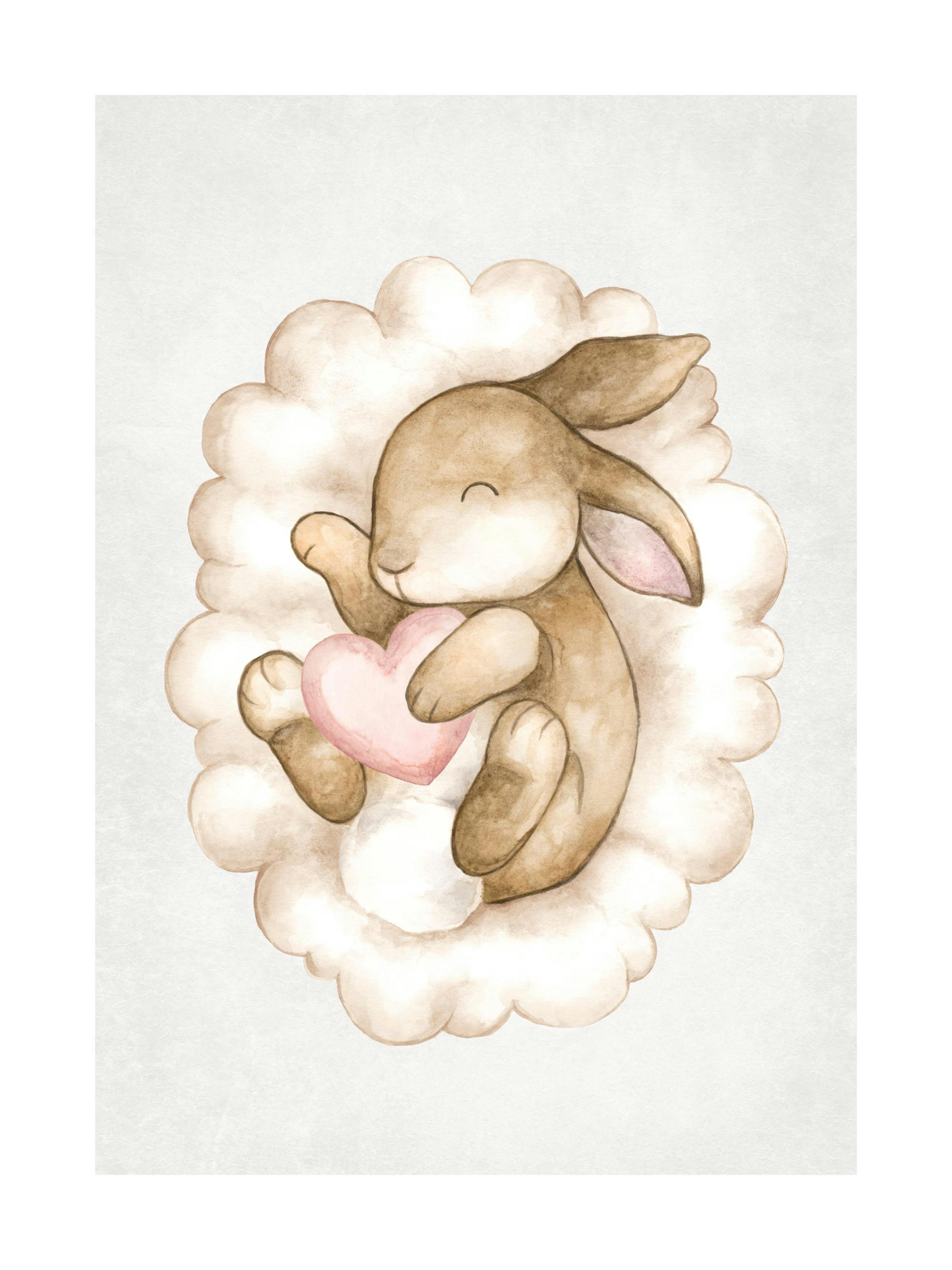 A cute nursery print of a brown baby bunny holding a pink heart while sleeping on a cloud, hanging above a wooden dresser with a