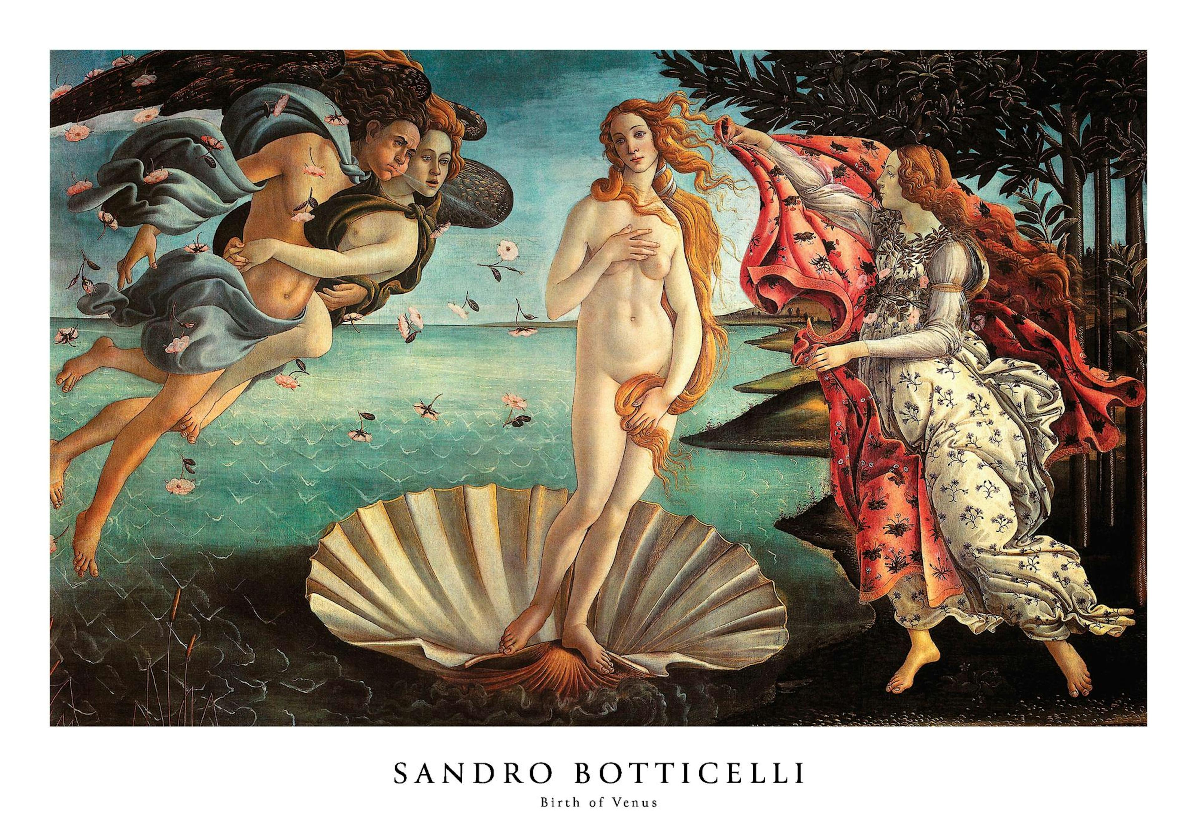 Póster A Nascimento de Vénus, de Sandro Botticelli. Obra de arte religiosa com Vénus na concha, Zéfiro e Clóris a flutuar.