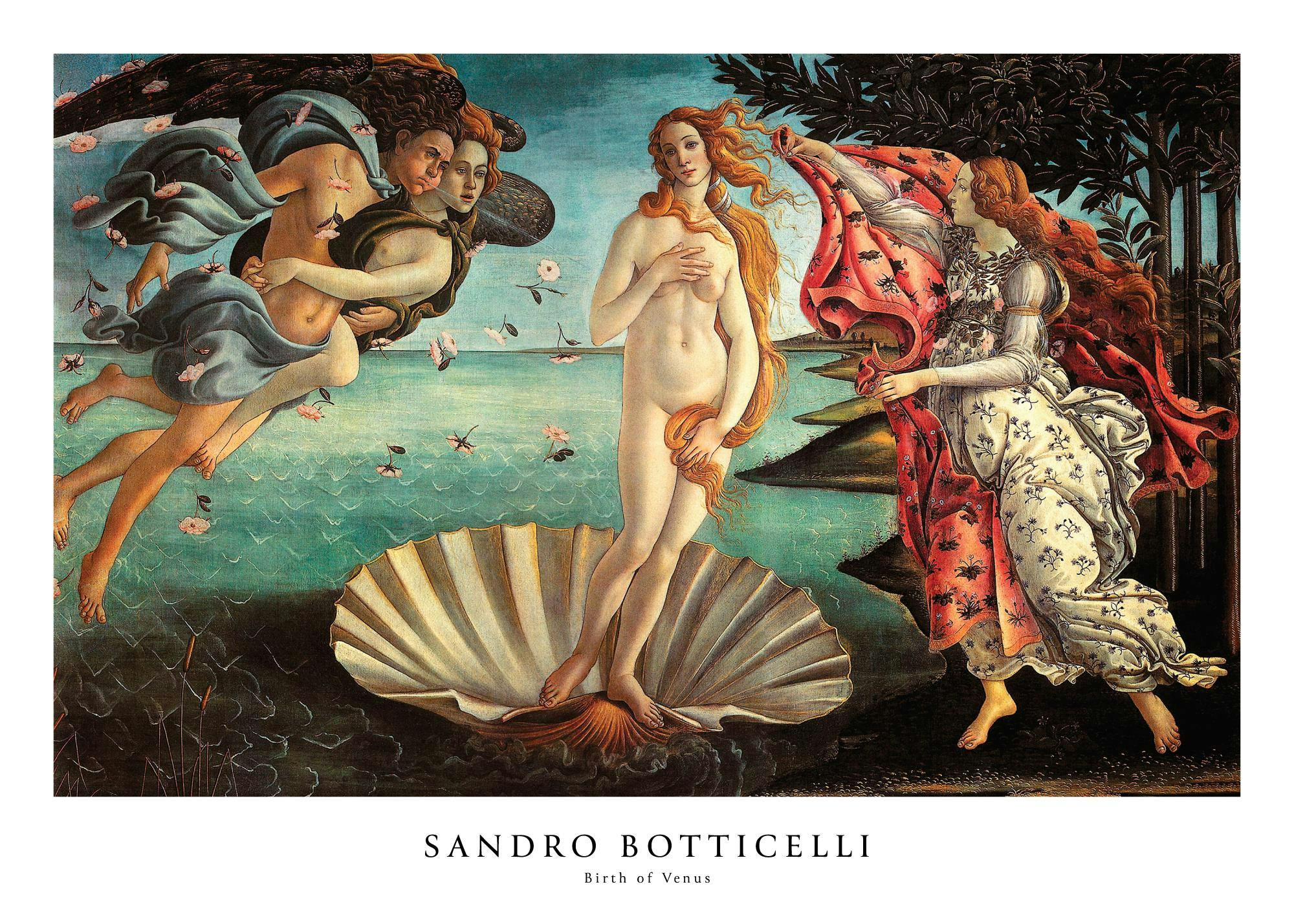 Sandro Botticellis Venus fødsel, klassisk renessansemaleri med Venus på skjell, omgitt av vindguder og Flora.