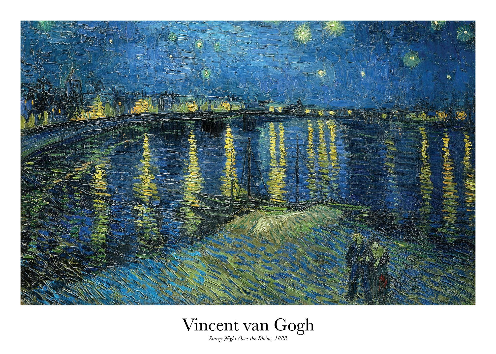 Van Goghs Starry Night Over the Rhône print, featuring a vivid blue sky, glowing yellow lights, and green reflections.