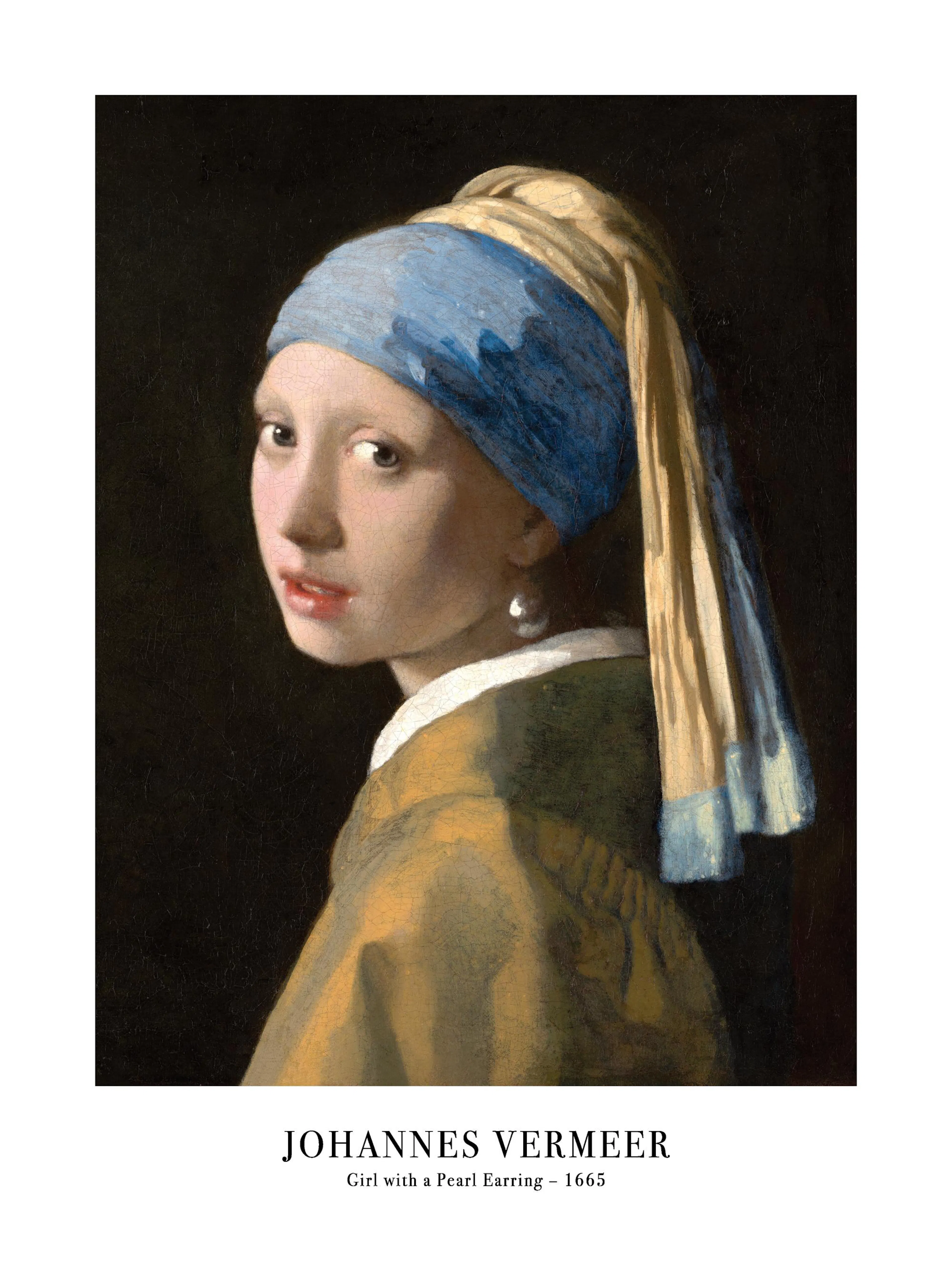 Johannes Vermeer, Pige med perleørering, detaljeret portræt af pige i turban med perleørering, ikonisk kunstplakat.