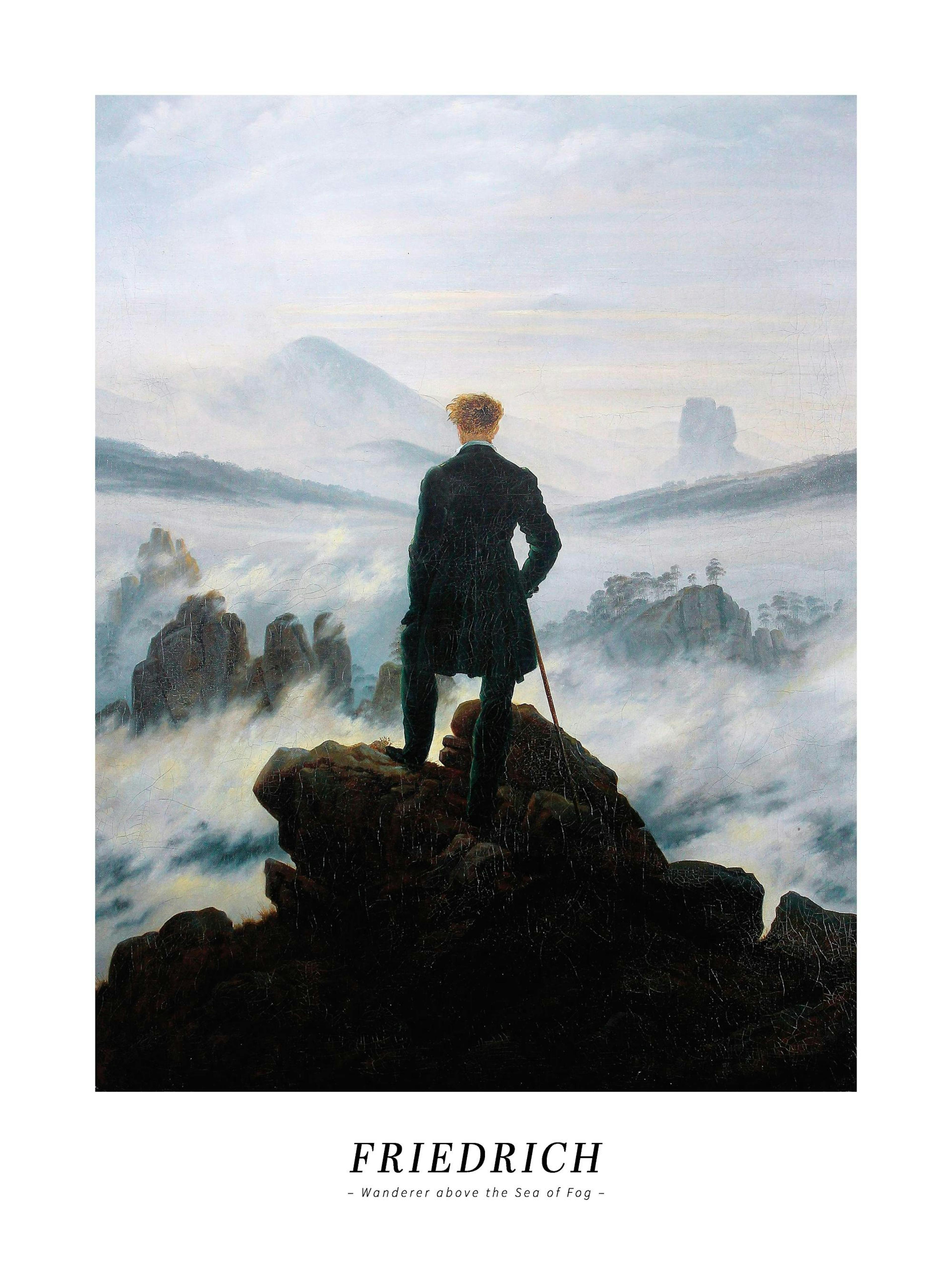 Caspar David Friedrich Wanderer above Sea of Fog art print, featuring a man overlooking a misty mountain landscape.