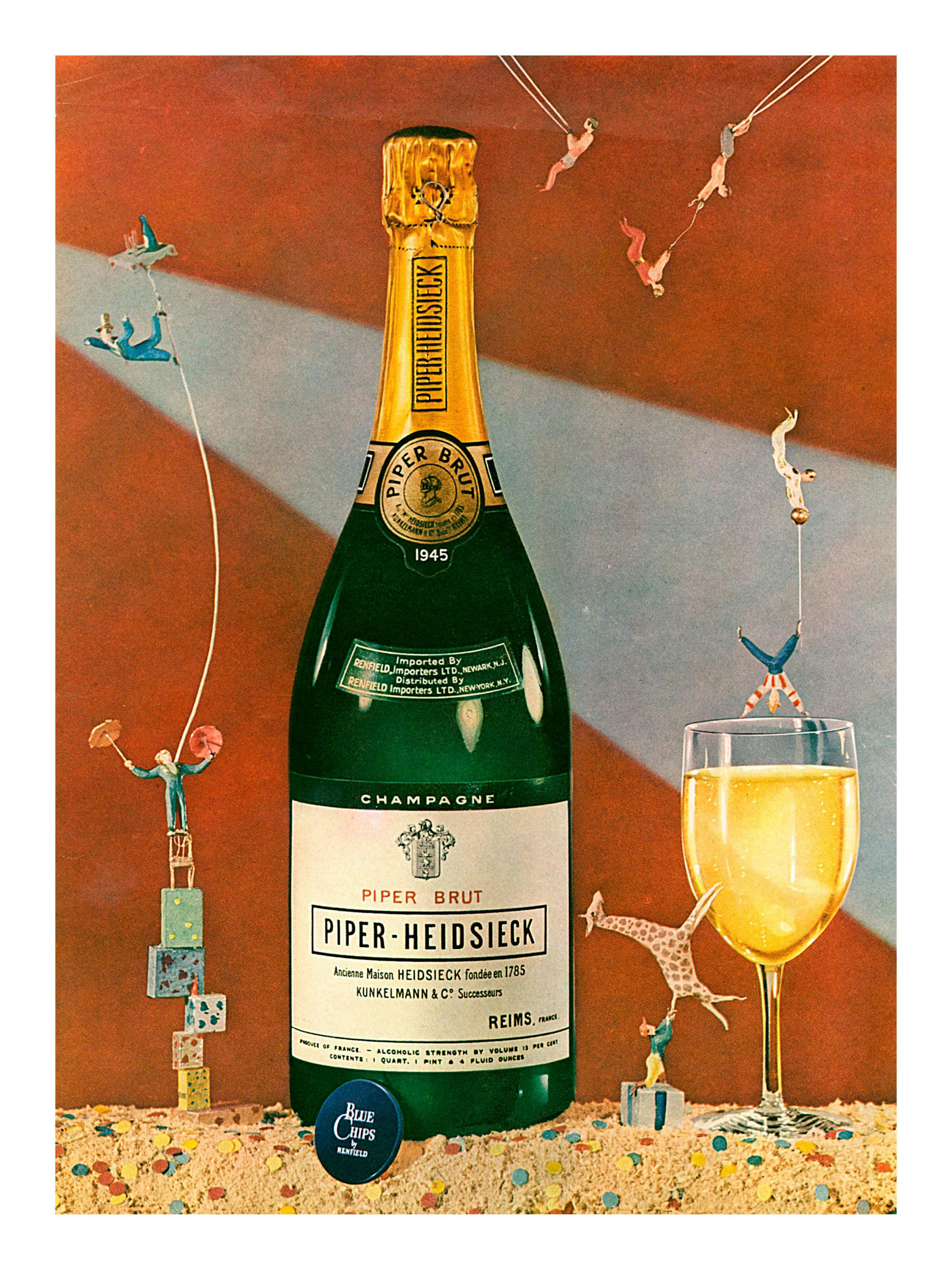 Póster vintage de champán con botella Piper-Heidsieck, copa y acróbatas, tonos rojo y beige.