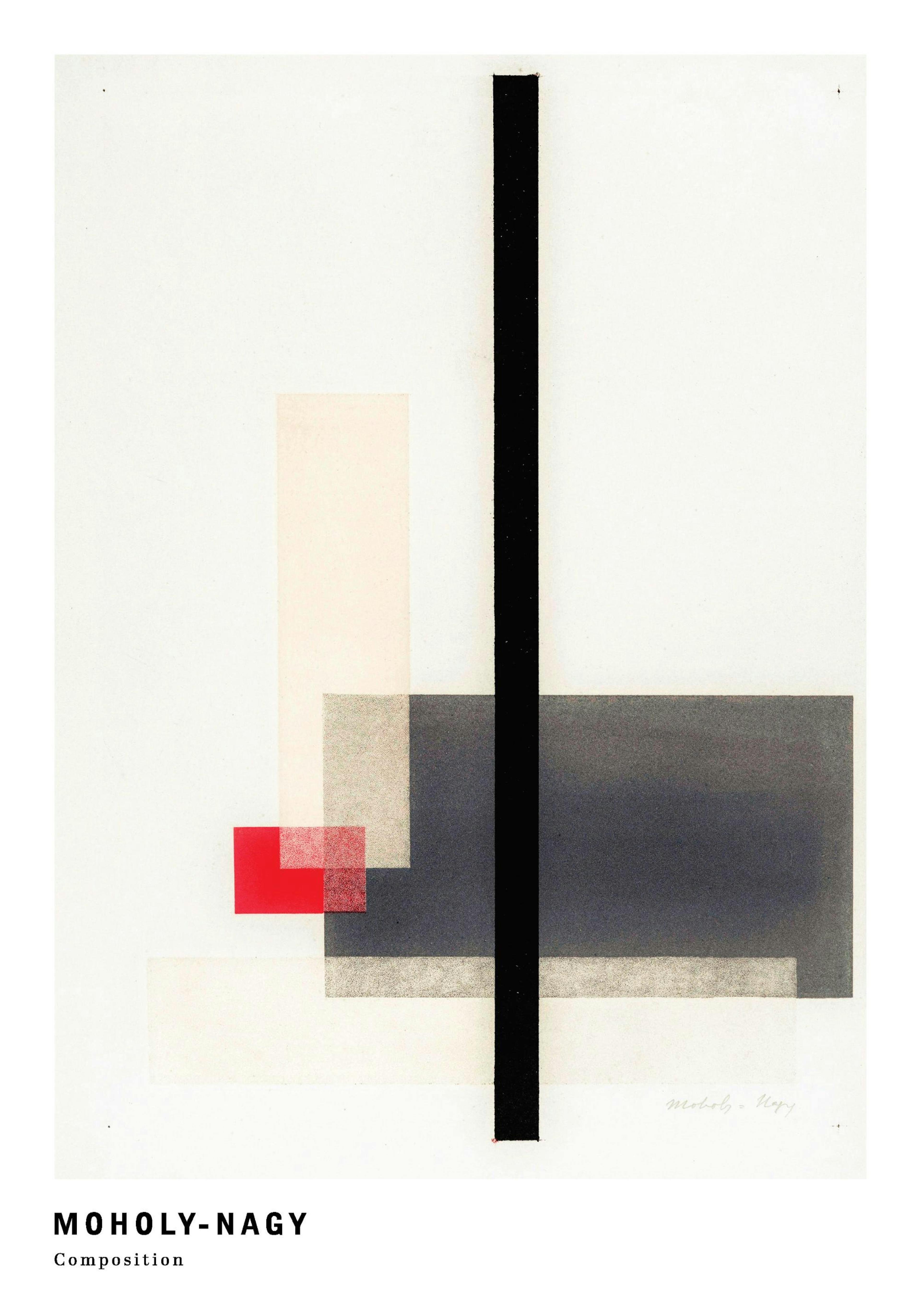 Moholy-Nagy composition print with red, black, and gray geometric shapes on a textured white background poster.