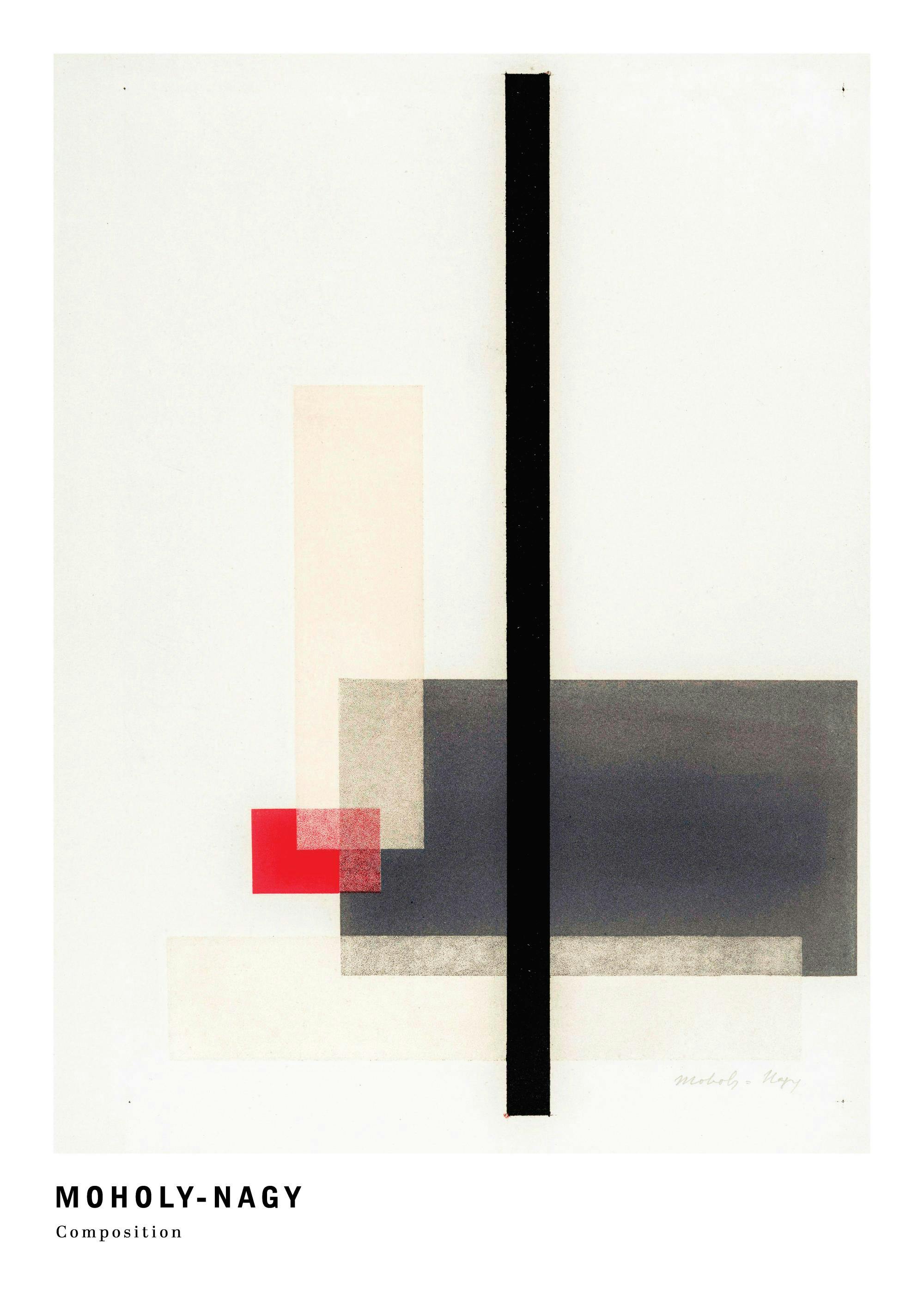 Moholy-Nagy composition print with red, black, and gray geometric shapes on a textured white background poster.