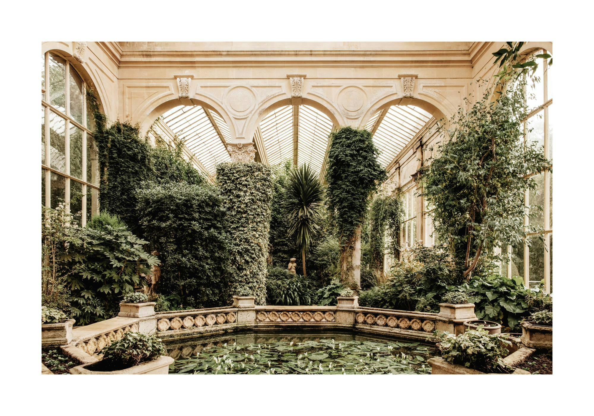 Póster de estanque sereno con nenúfares en un invernadero de estilo renacentista, rodeado de exuberante vegetación y arcos de cr
