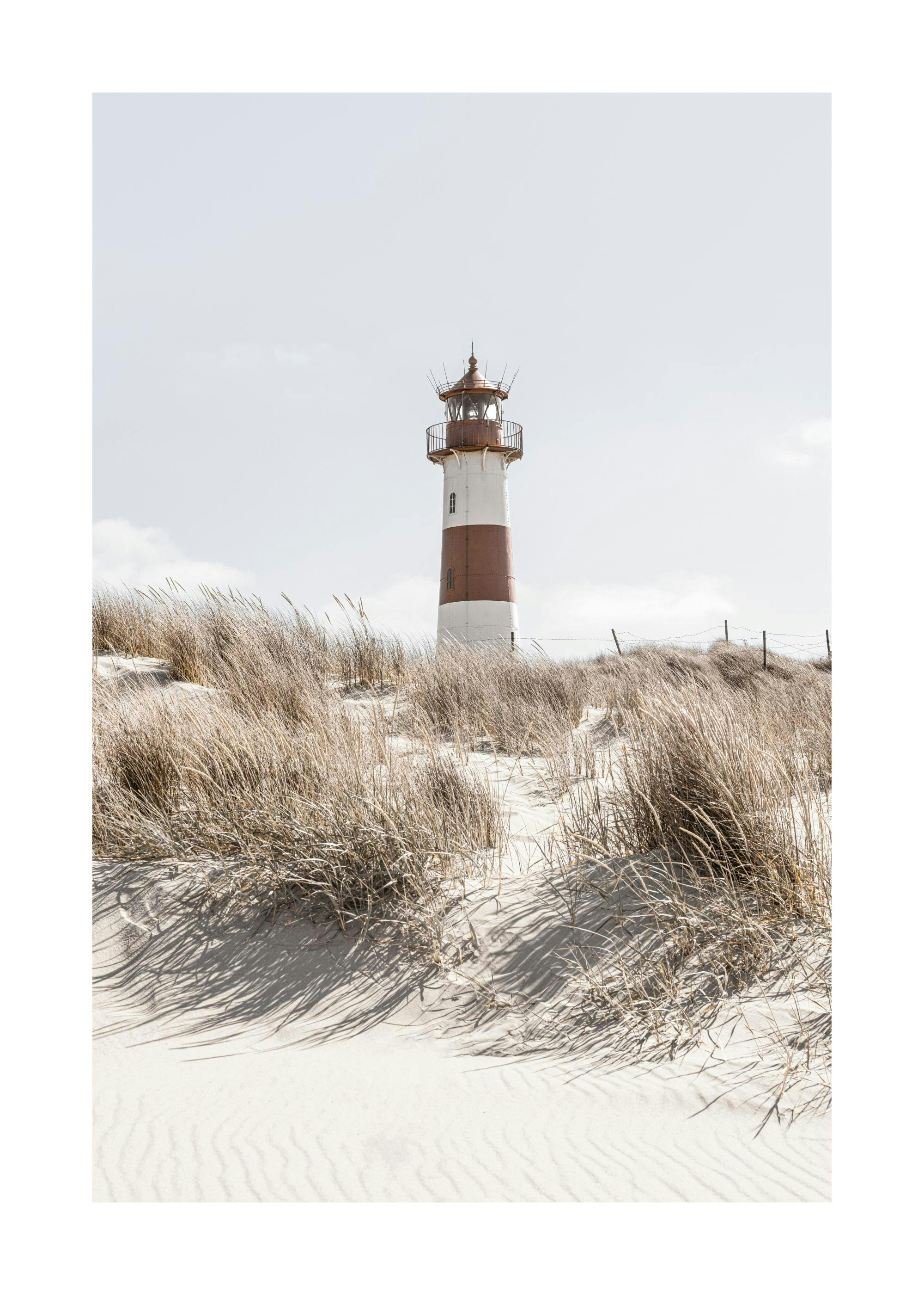 Rödvita fyren står bakom sanddyner med torrt gräs. Landskapsbild med fyr, strand och natur.