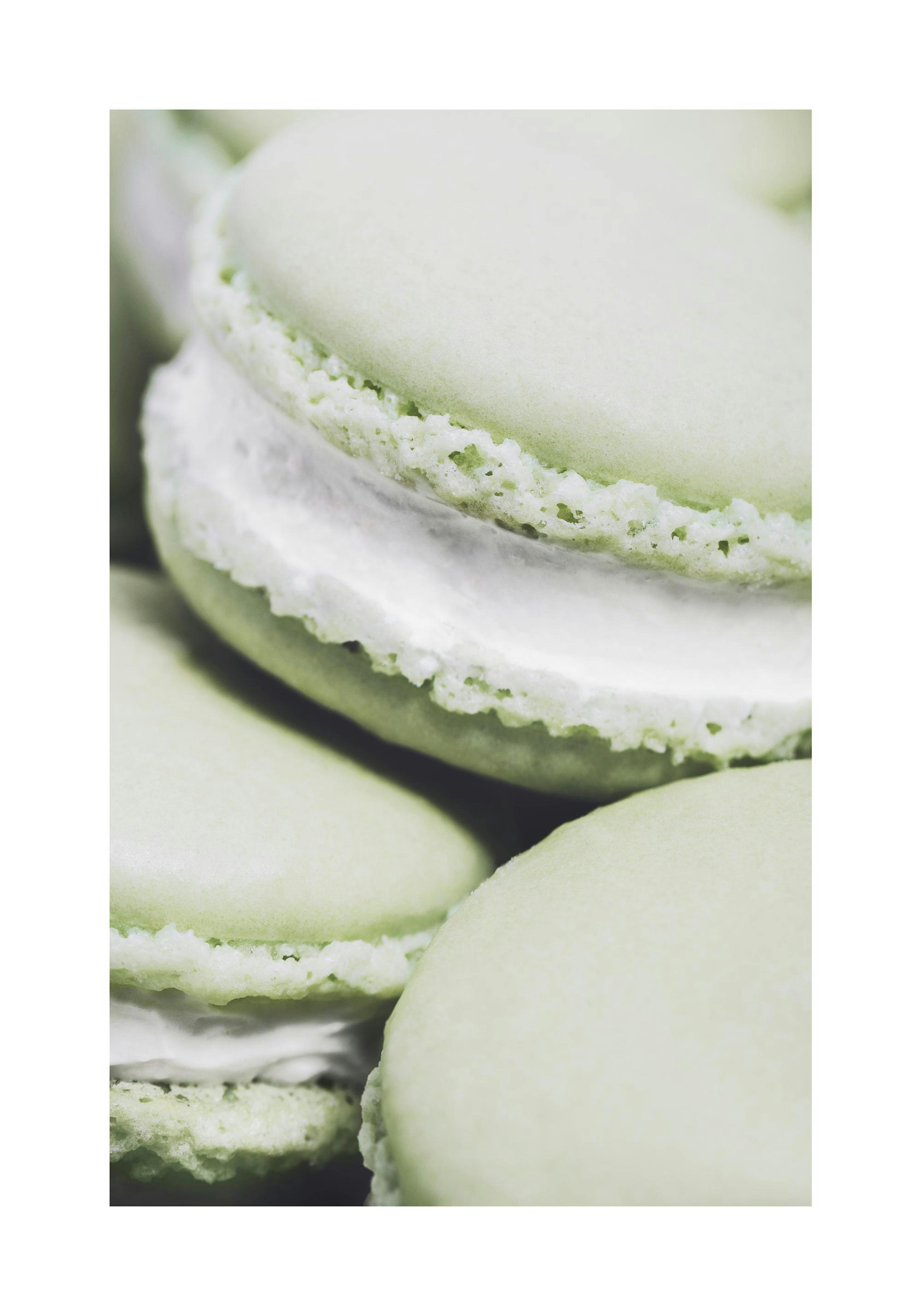 Close-up green macarons print, a delicious dessert poster for your kitchen wall.