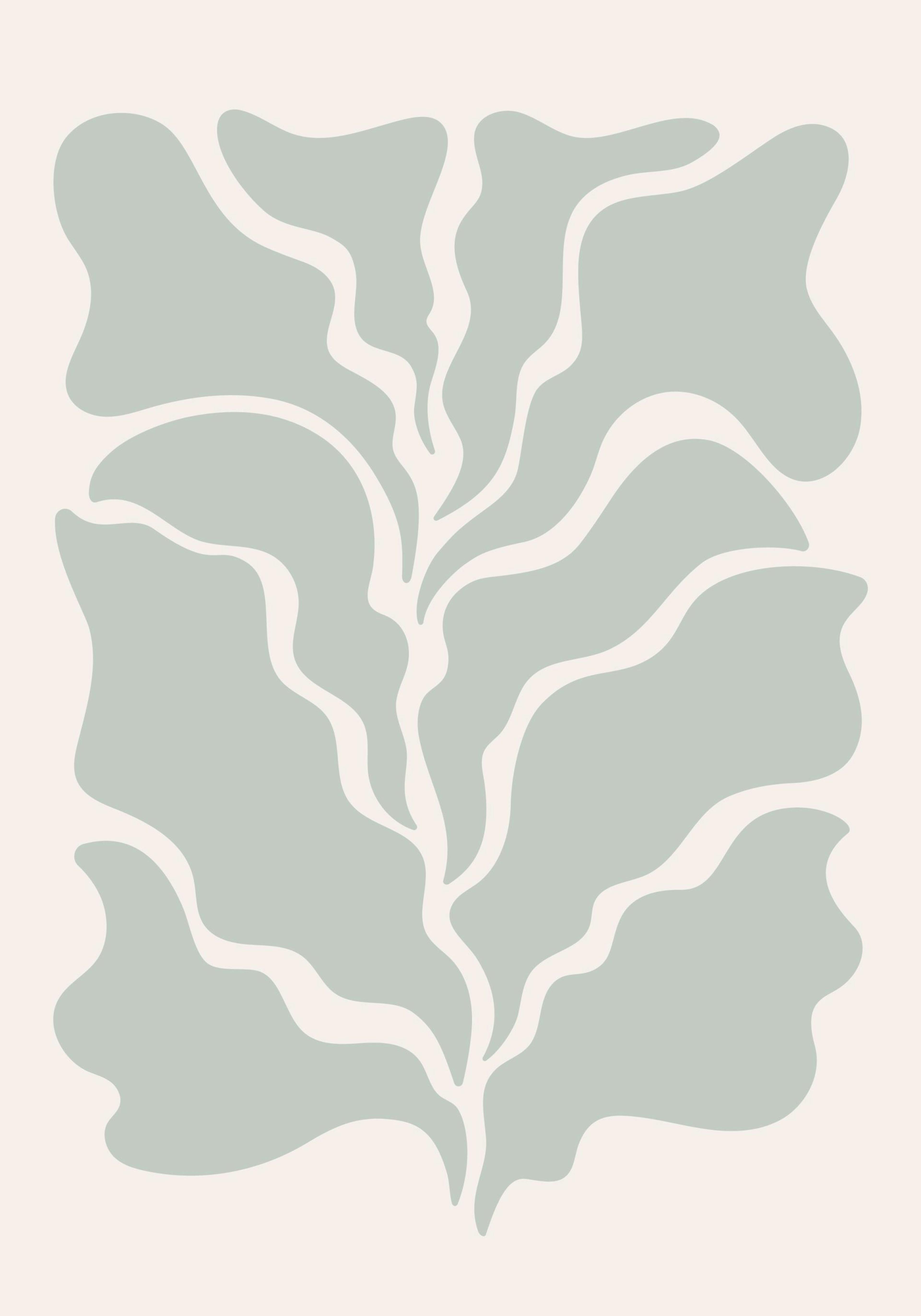 Grafisches Poster mit einem grünen Blatt, das aus organischen Formen und Wellenlinien besteht, auf hellem Hintergrund.