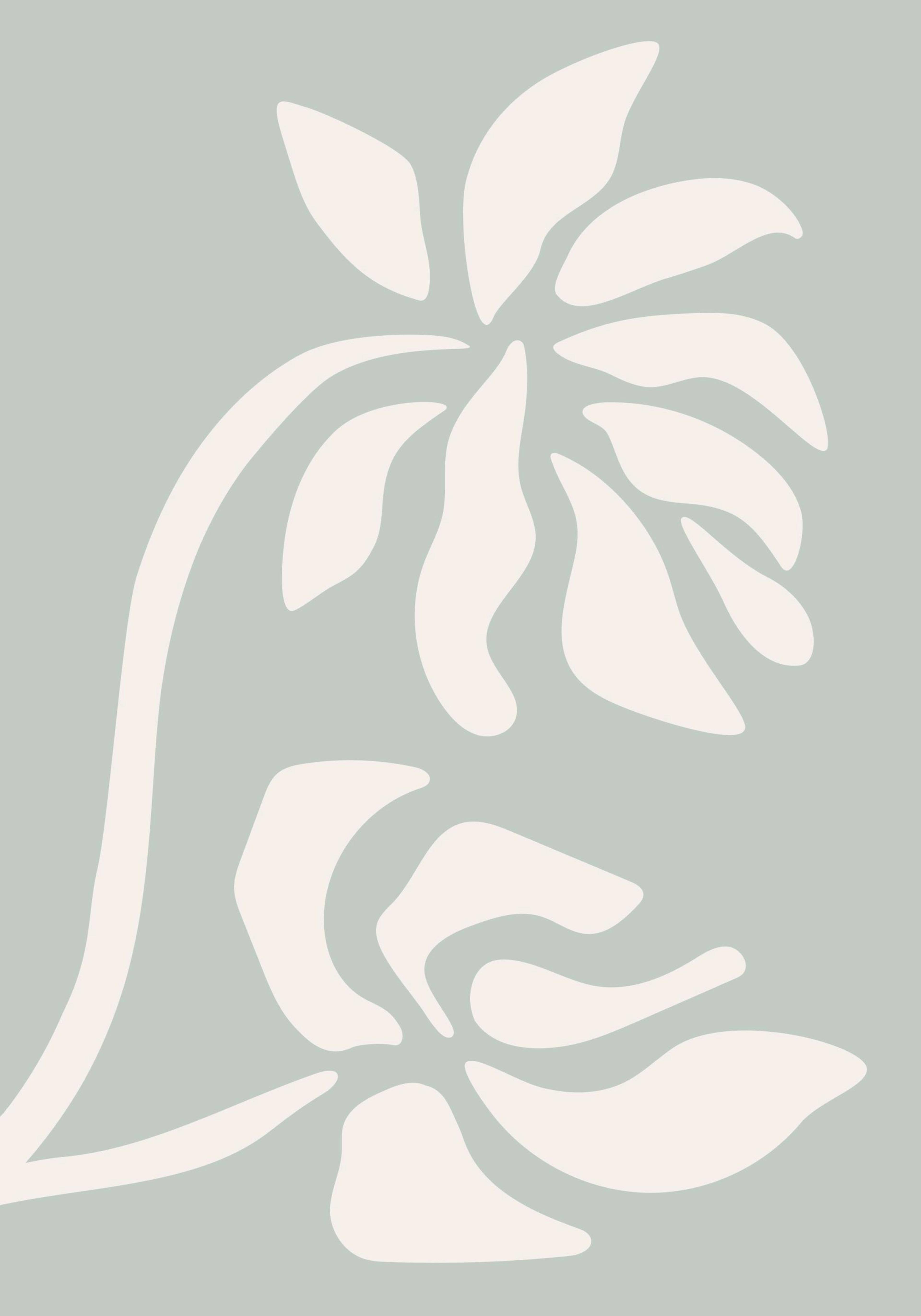 Póster artístico con dos flores blancas de estilo gráfico sobre fondo verde claro, diseño floral minimalista.