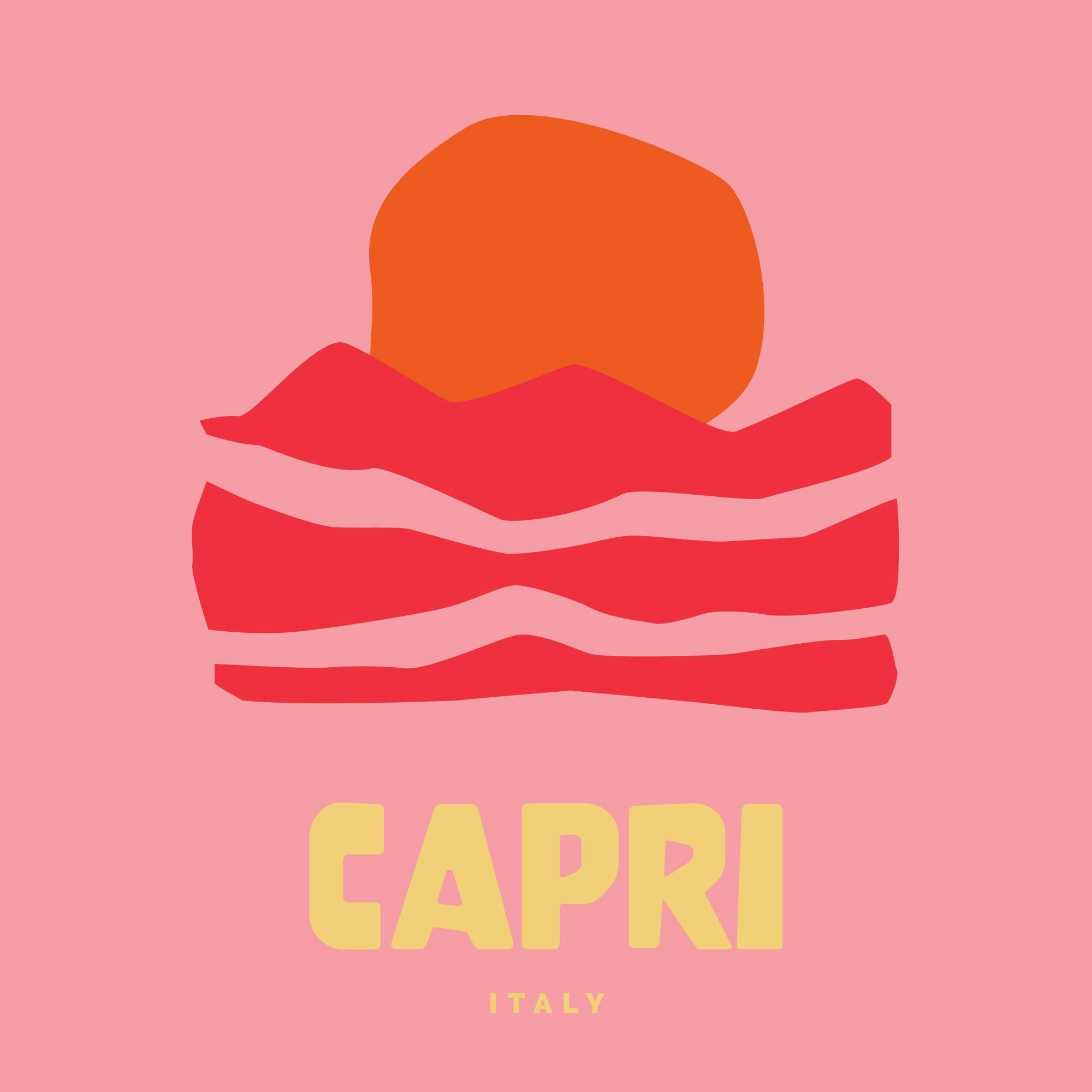 Grafisk Capri-poster med soluppgång över berg i rosa, rött, orange och gult, inklusive ordet Capri.