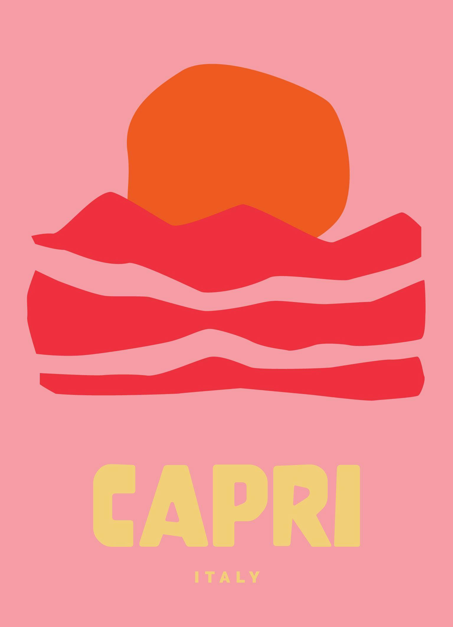 Grafisk Capri-plakat i rosa, rødt og oransje, med solnedgang over bølgende landskap. Ordene Capri og Italy under.
