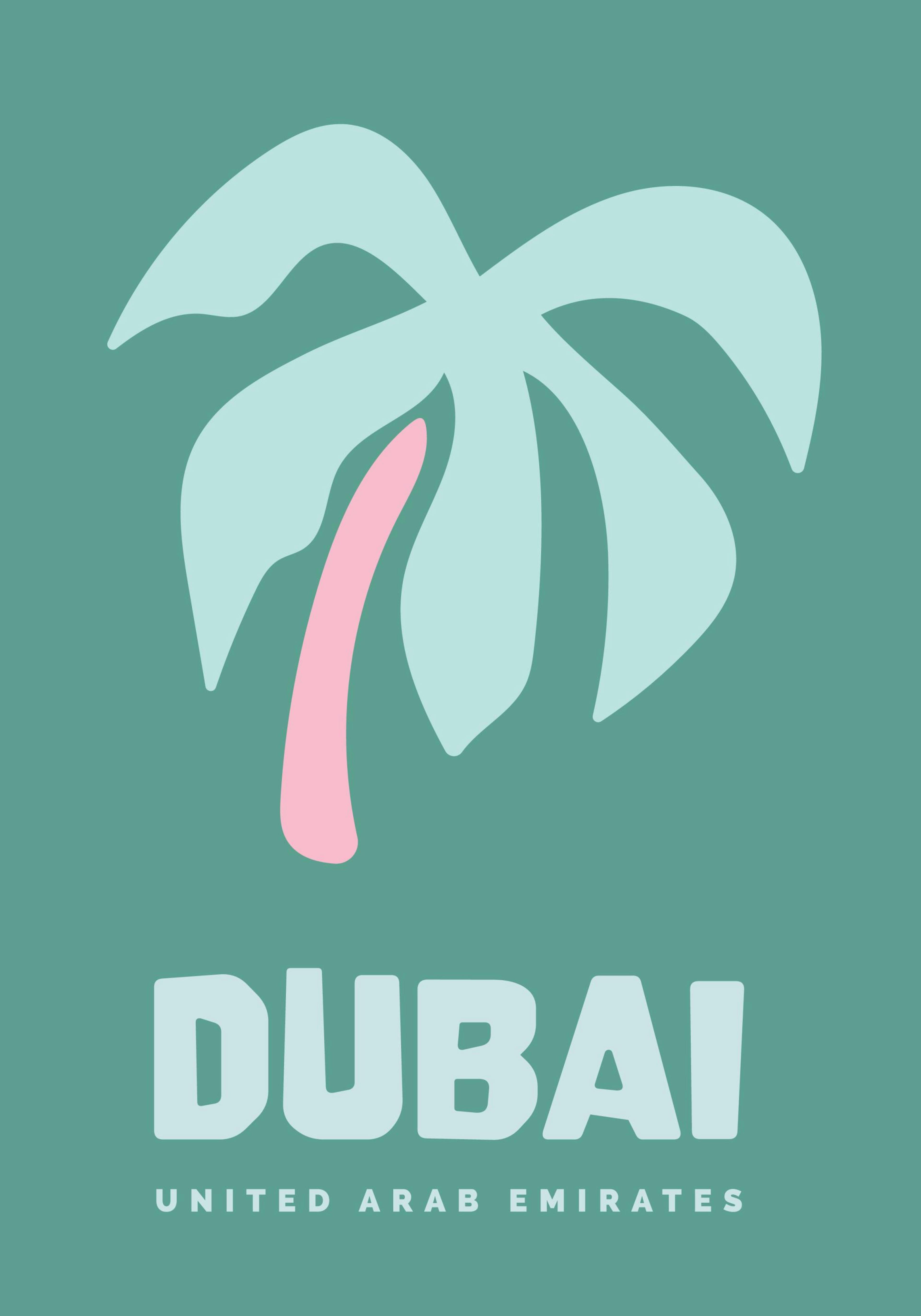 Grafisches Dubai-Poster in Grün und Pink mit Palme und dem Wort Dubai. Ideal als Wanddekoration.