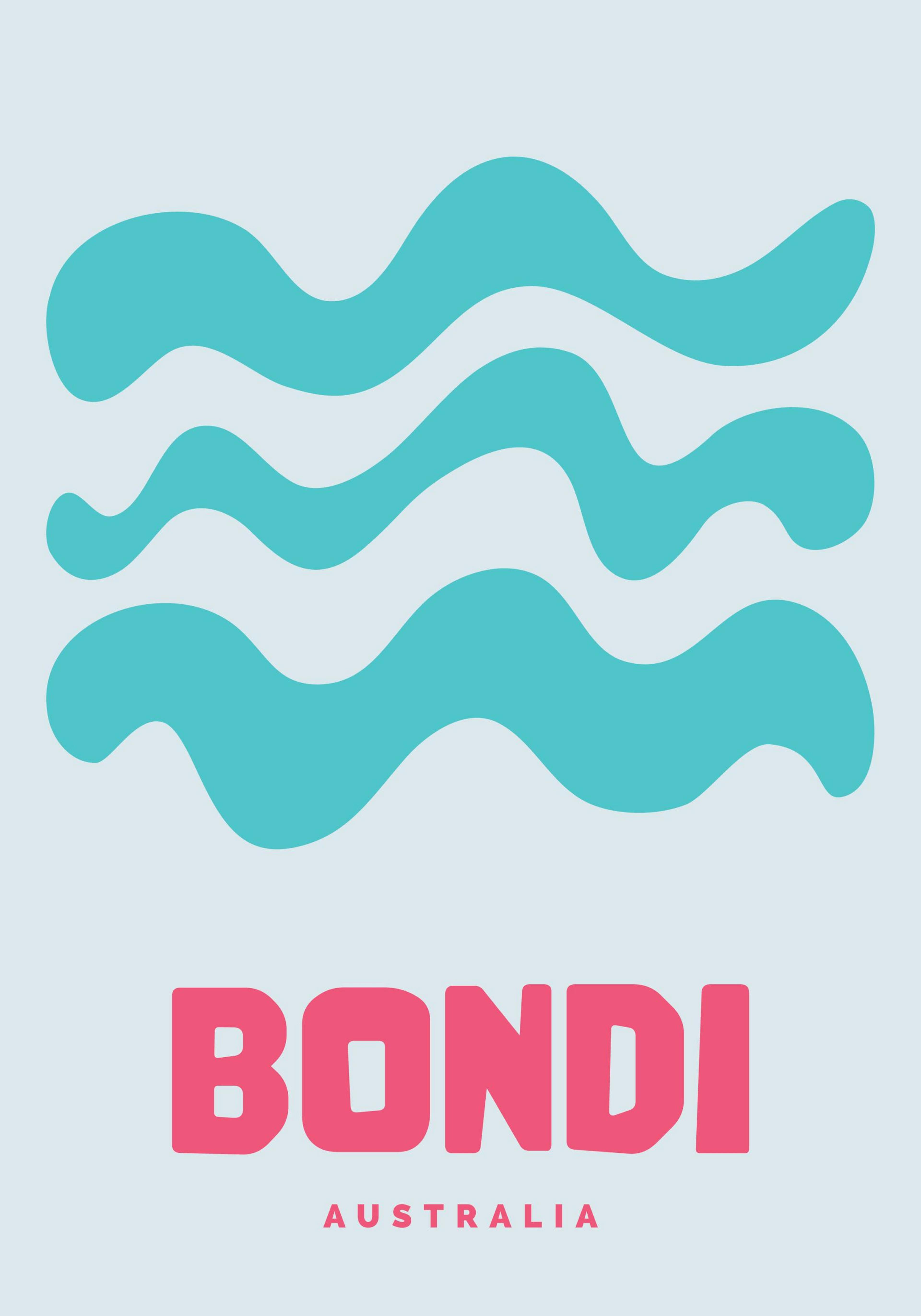 Plakat med grafiske bølger i blå og lyserød, der repræsenterer Bondi, Australien.