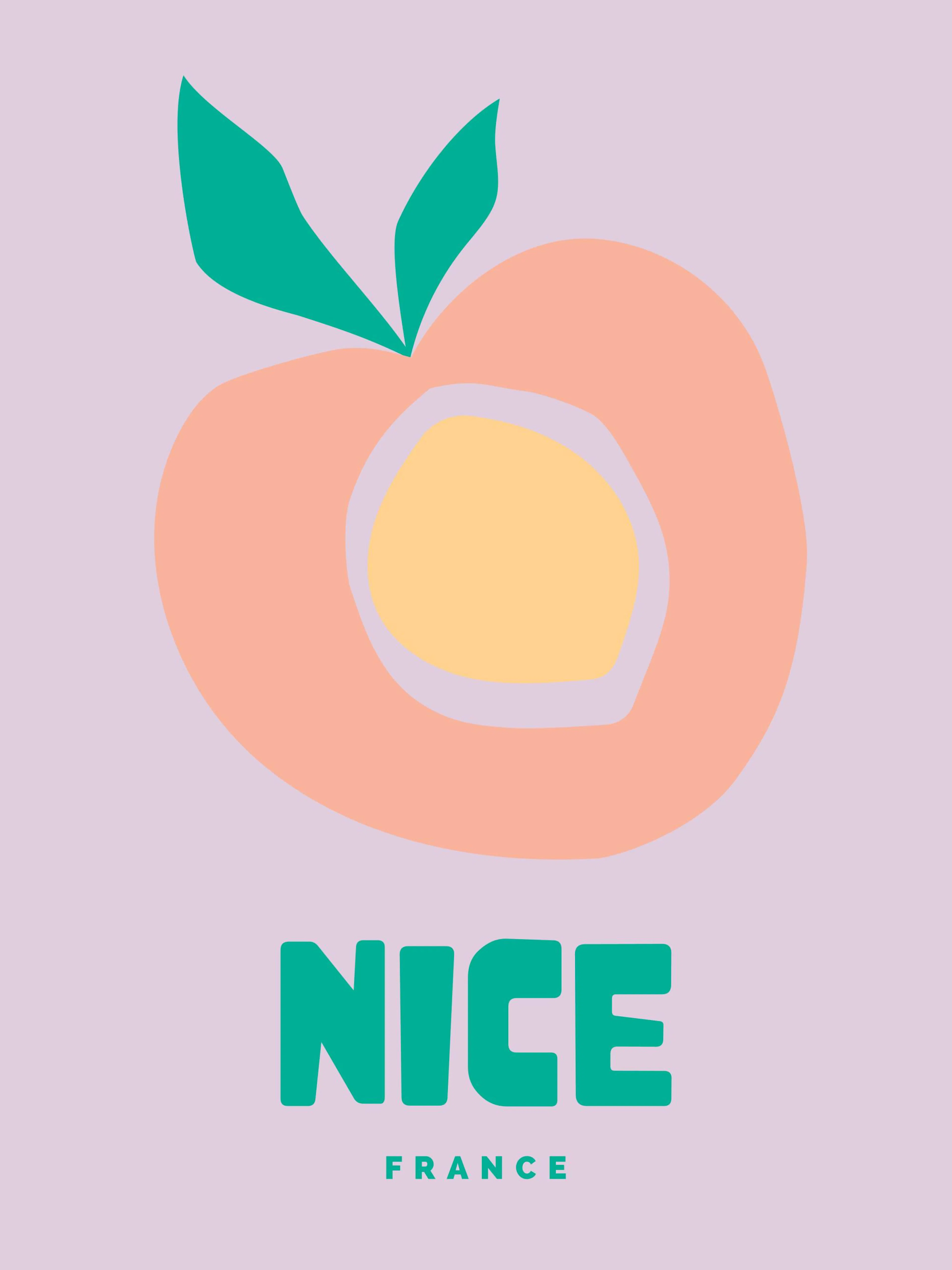 Poster met pastelkleurige appel en de tekst Nice France in groen op een lila achtergrond.