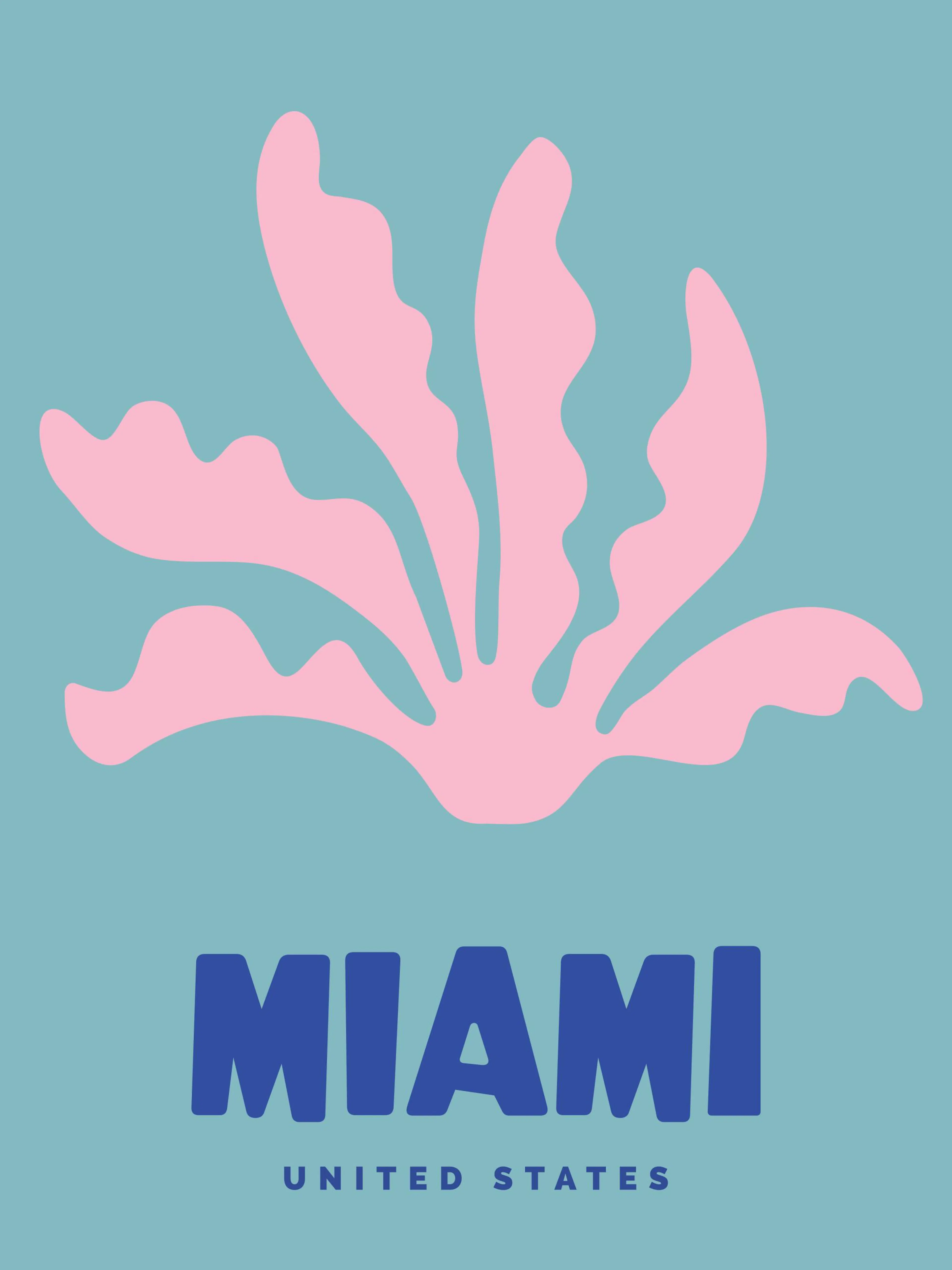 Retro Miami graphic poster with pink coral on a turquoise background, bold blue Miami text, playful art print.