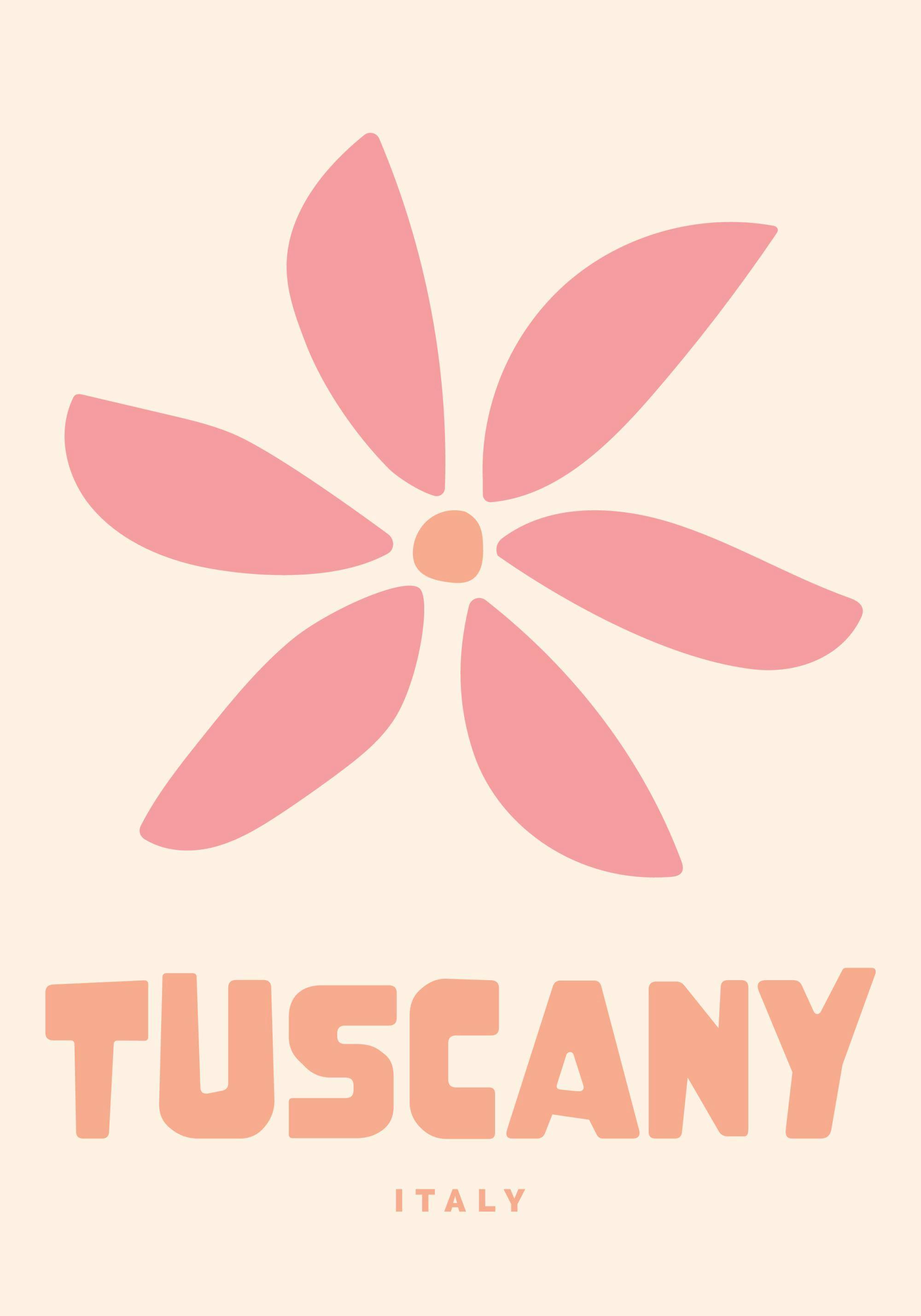 Grafisk affisch med rosa och beige blommor som representerar Toscana, Italien. En färgstark illustration med texten TUSCANY ITAL