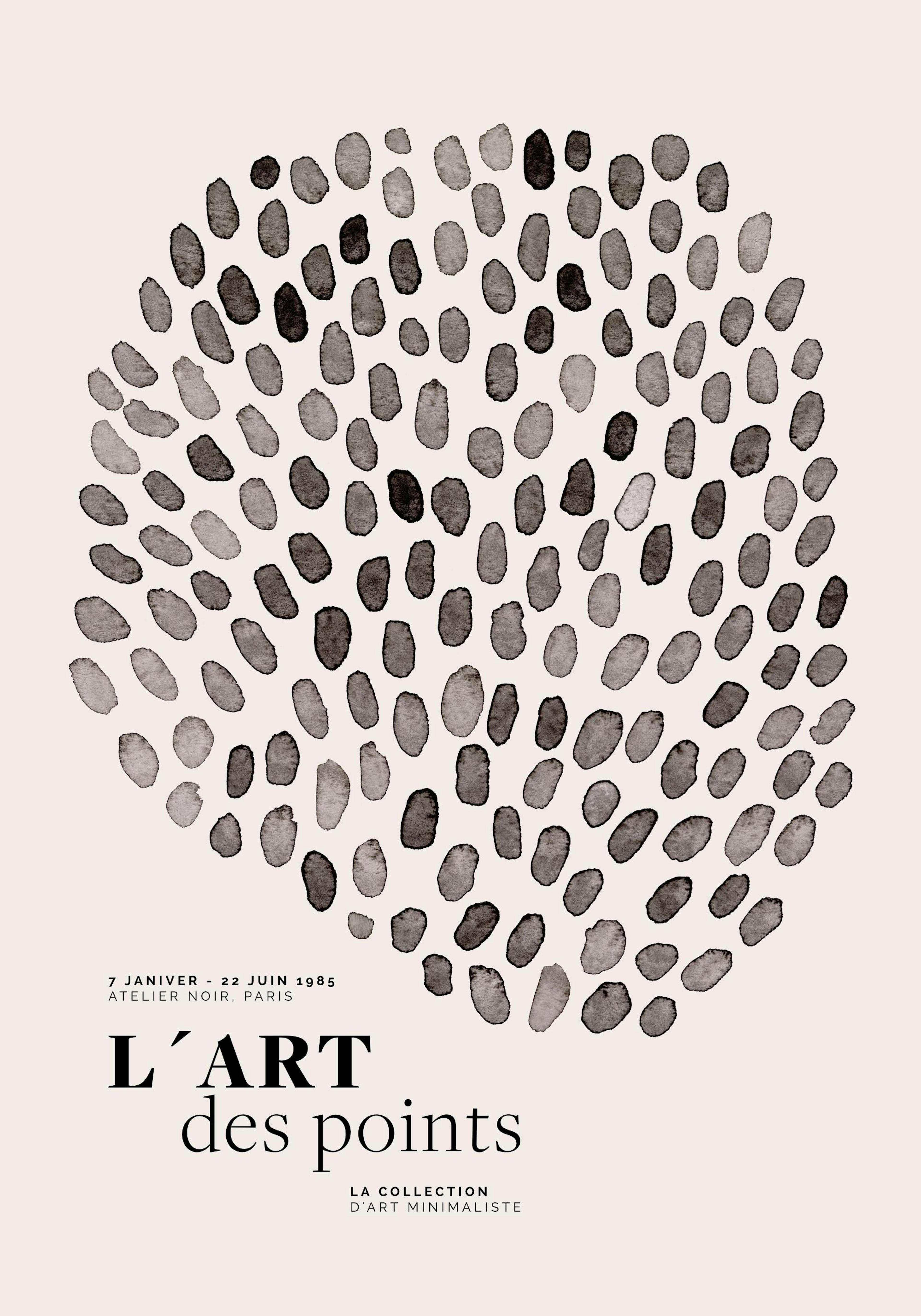 Black dots in various shades form a circular shape on this art print, perfect for a modern poster.