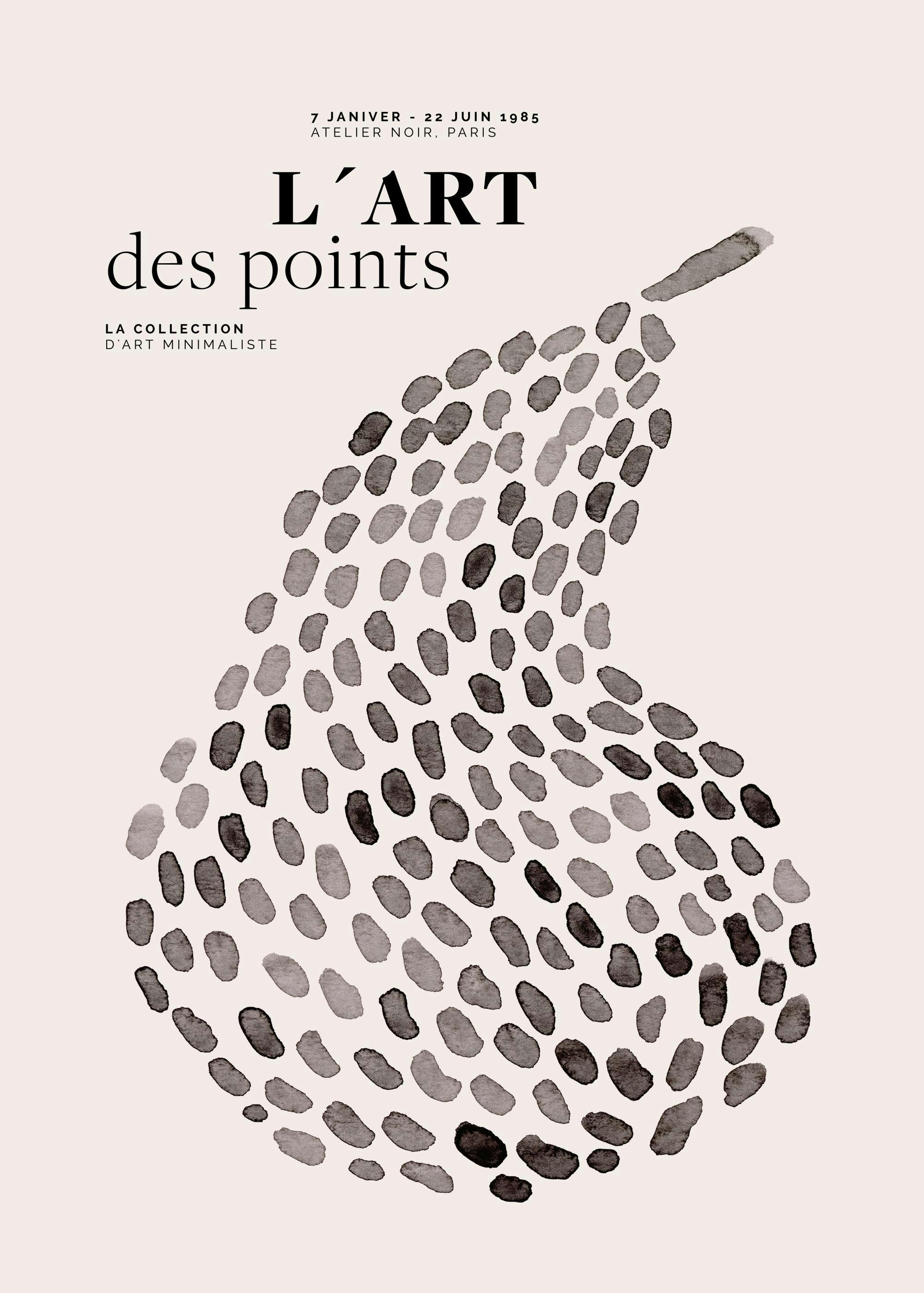 Poster mit schwarzen Punkten, die eine Birnenform bilden, minimalistischer Kunstdruck