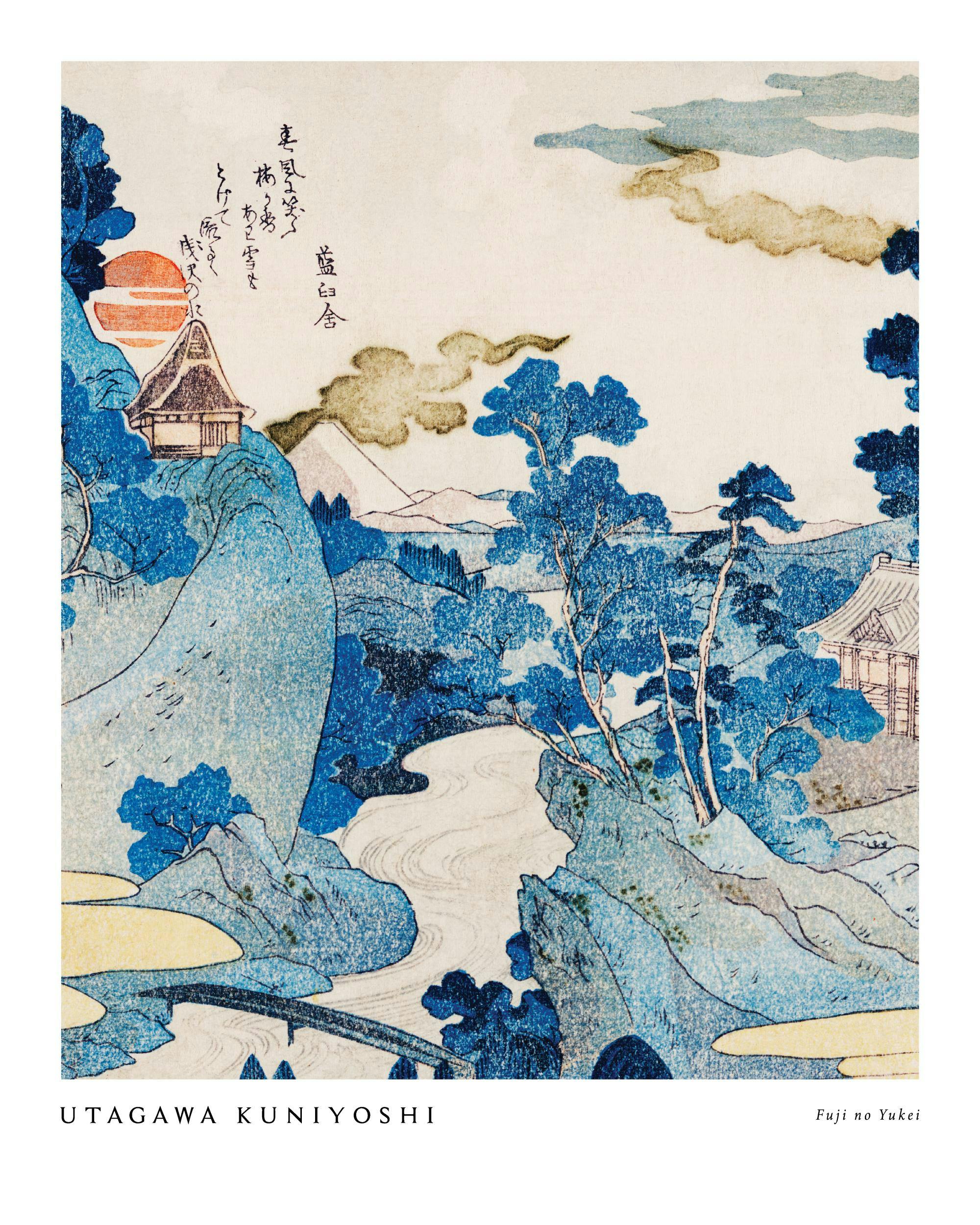 Póster japonés de Utagawa Kuniyoshi. Un paisaje azul y beige con colinas, árboles, un río y un puente. El sol naranja se pone de
