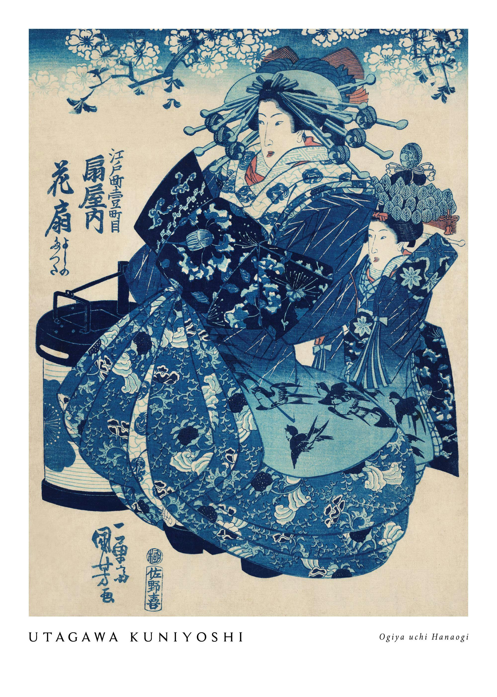 Póster de Utagawa Kuniyoshi con una geisha en un kimono azul y blanco, colgado encima de una mesa de madera en una sala de estar