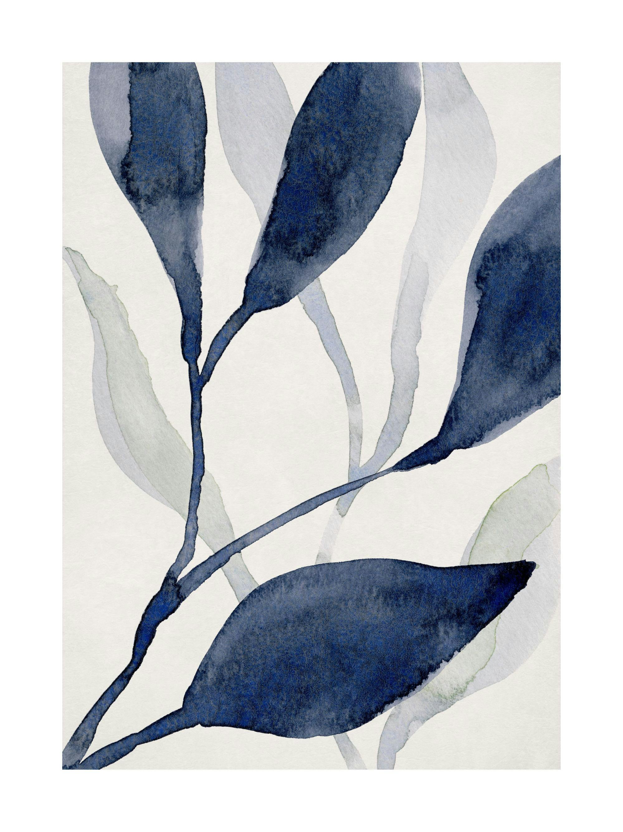 Vattenfärgad poster med blå växtmotiv, inspirerad av undervattensväxter.