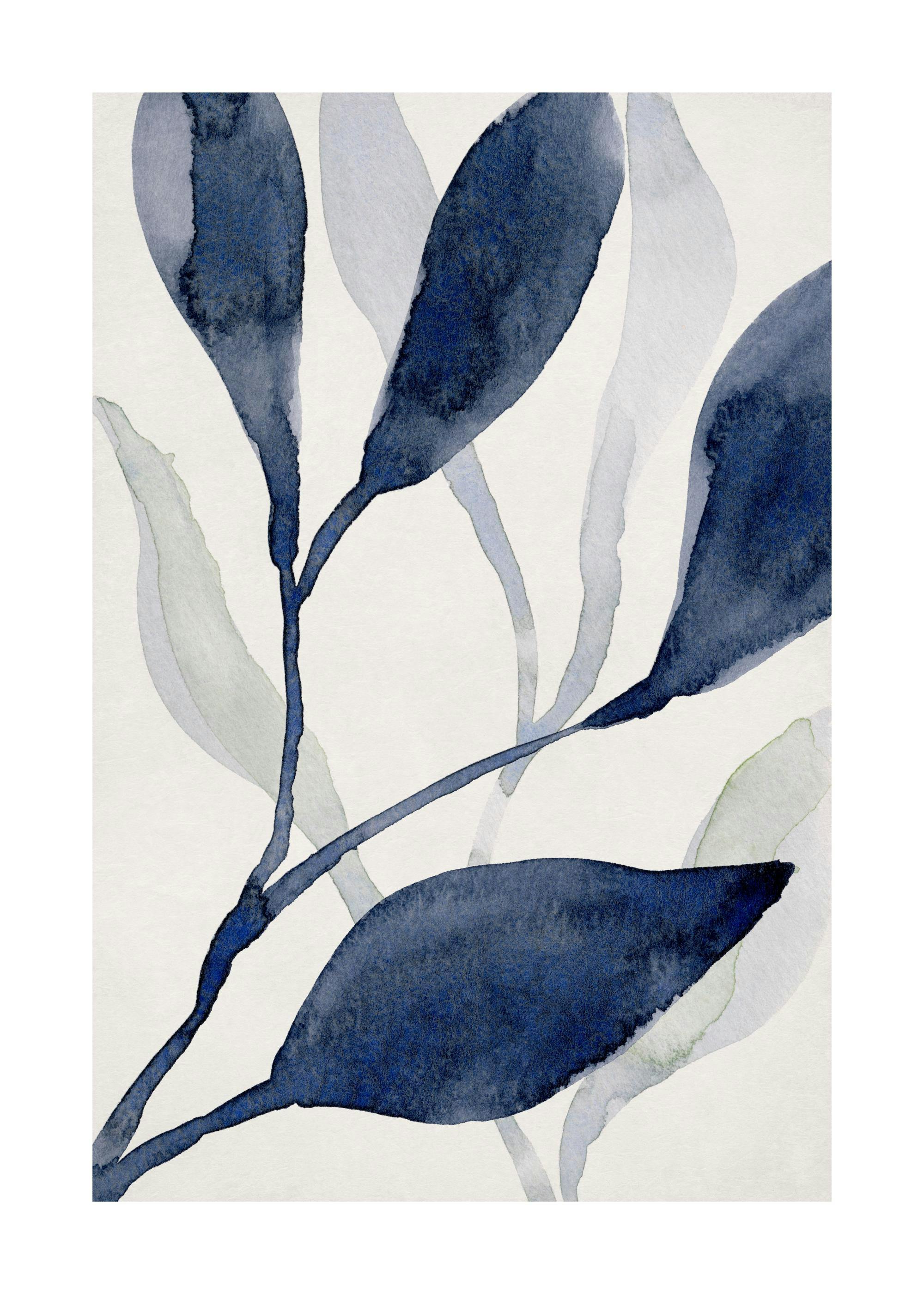 Affiche daquarelle de plantes aquatiques bleues sur fond clair, avec un effet de superposition et de transparence