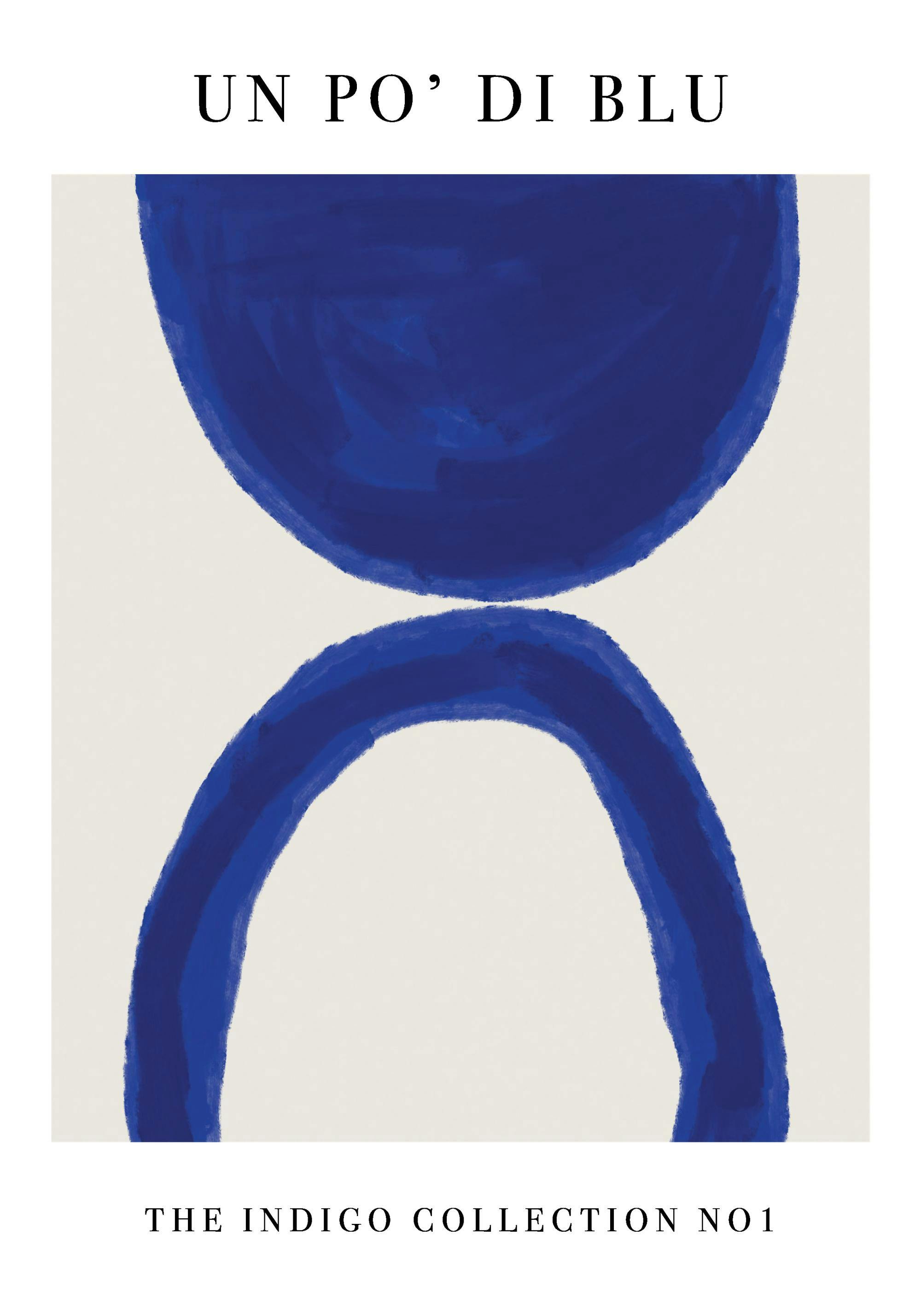 Affiche Un Po Di Blu No1 avec des formes abstraites bleues et un arc sur fond beige, typographie noire