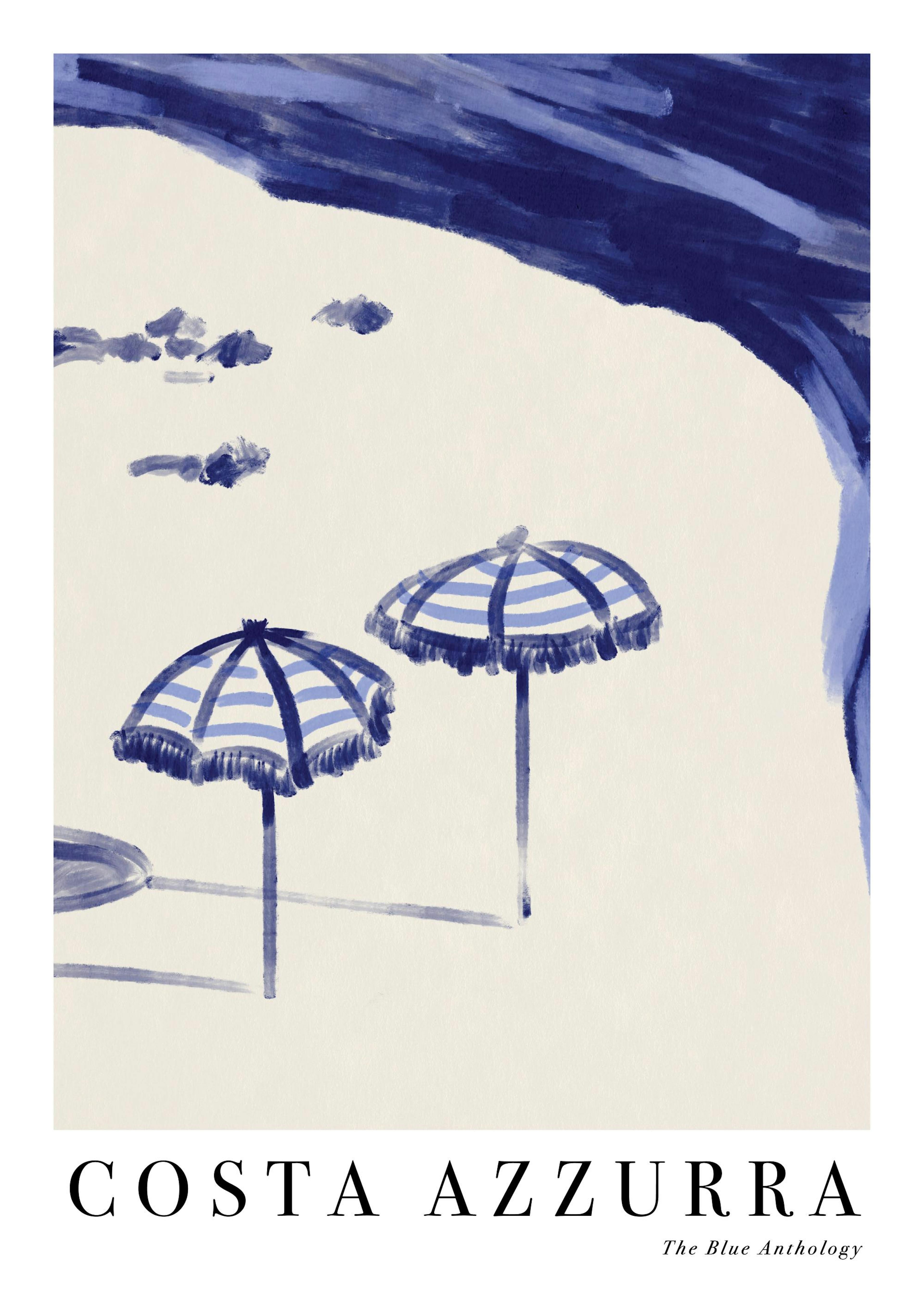 A print of two blue and white striped beach umbrellas on a sandy beach, hanging above a bedside table with a lamp and book.