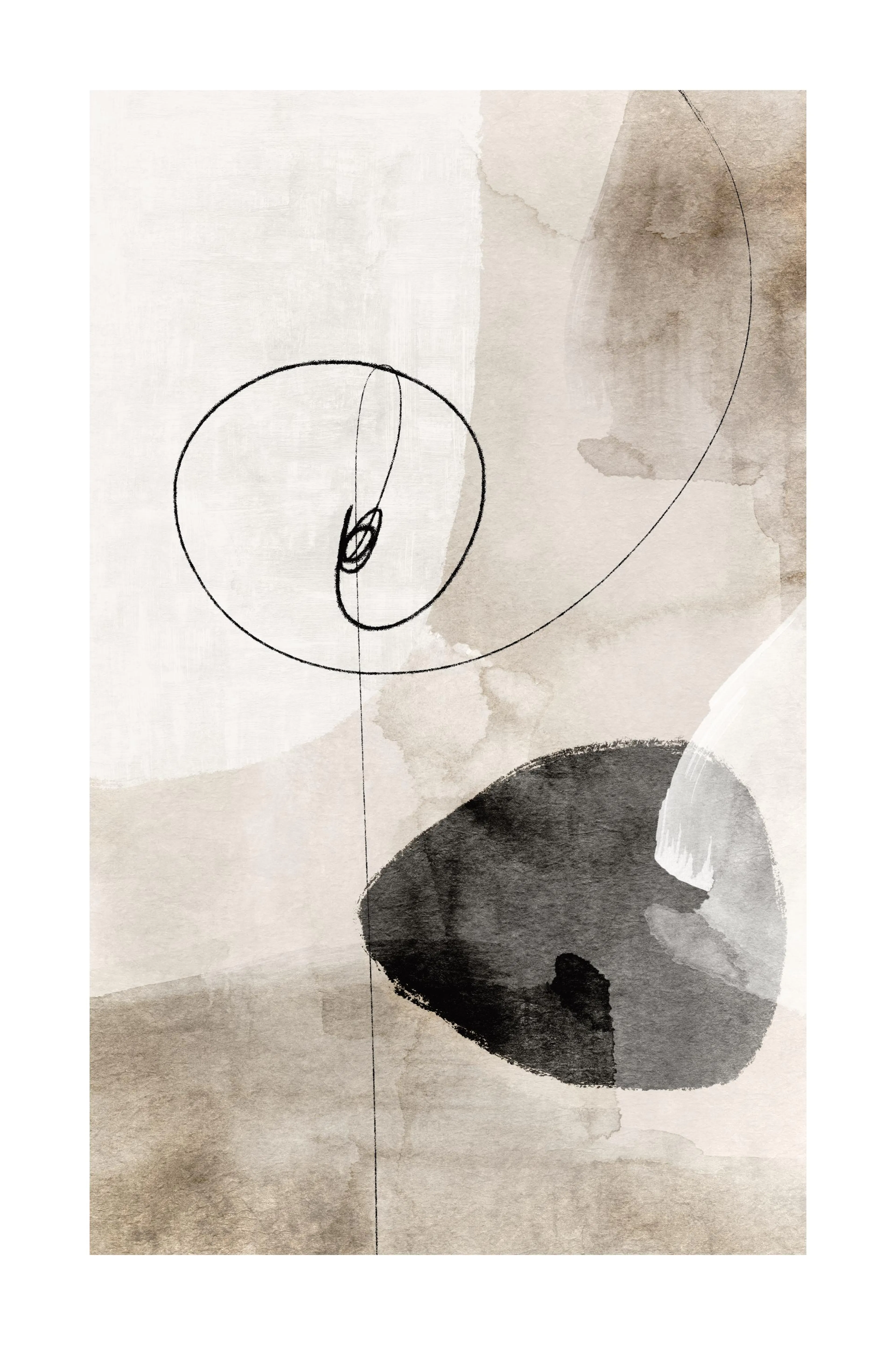 Abstract watercolor art with beige tones, black strokes, and a large dark gray organic shape.