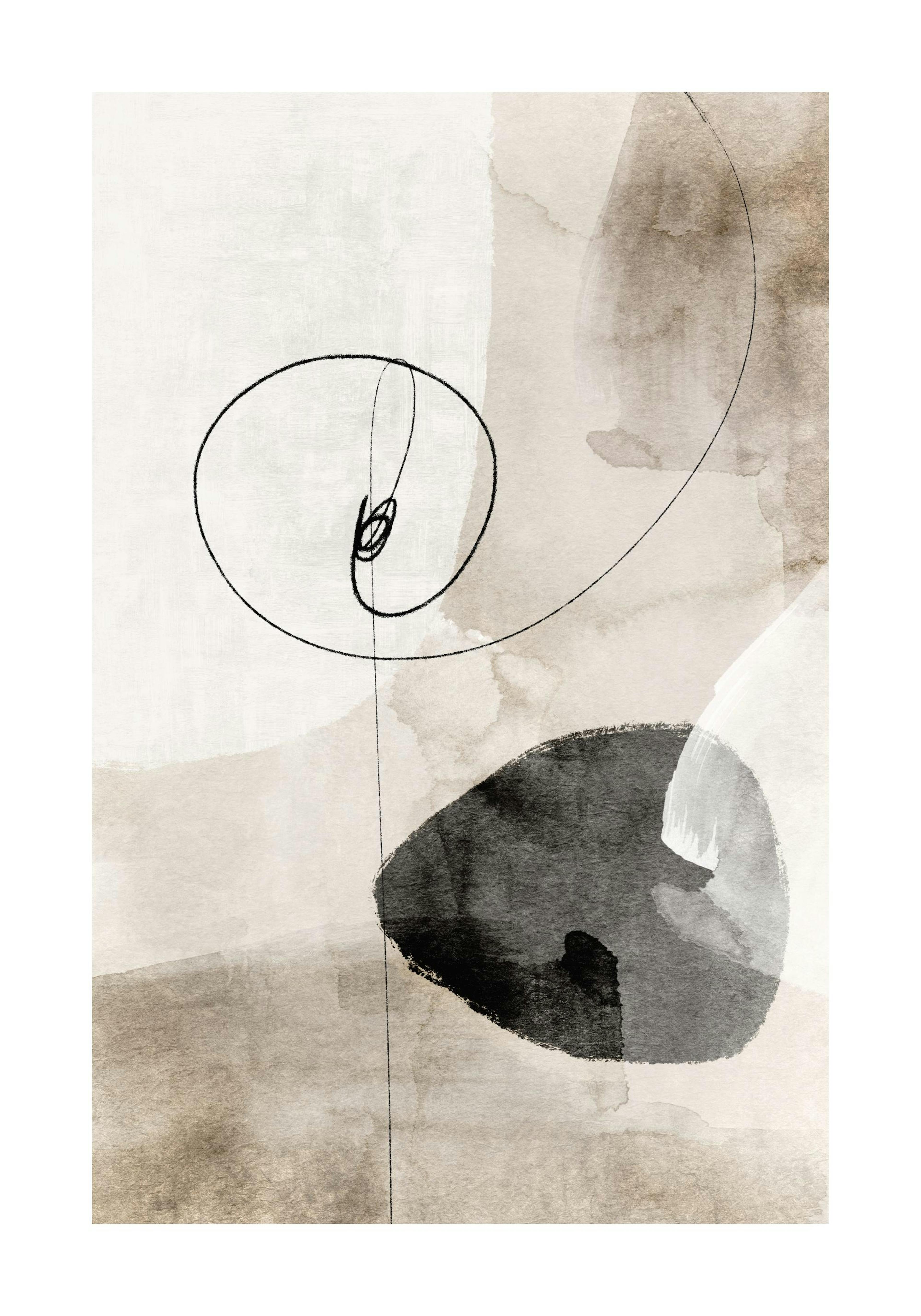 Abstract watercolor poster with beige washes, black shapes, and delicate swirling lines.