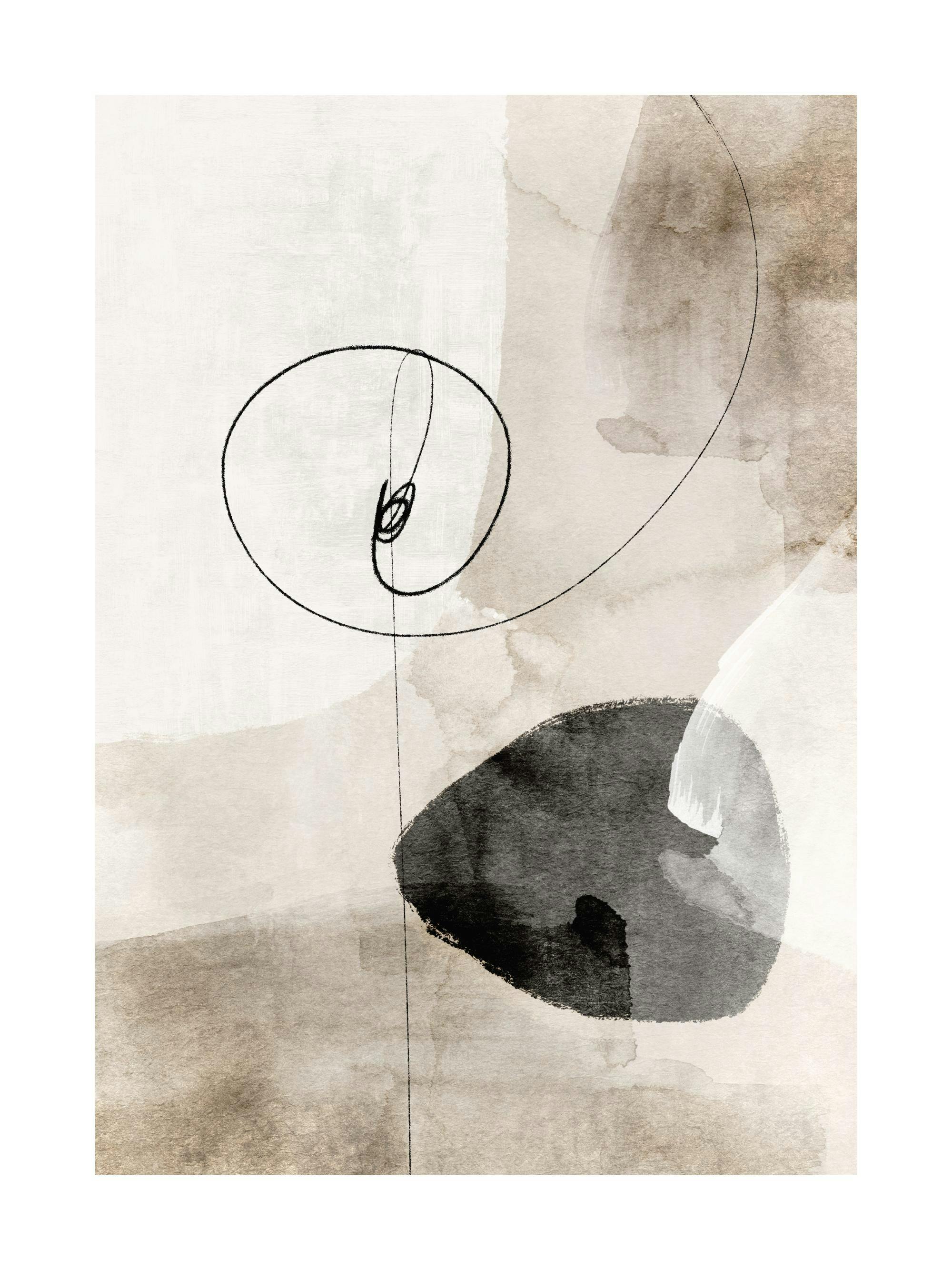 Abstraktes Aquarell-Poster mit beige-grauen Flecken und schwarzen geometrischen Formen. Eine schwarze Linie windet sich spiralfö