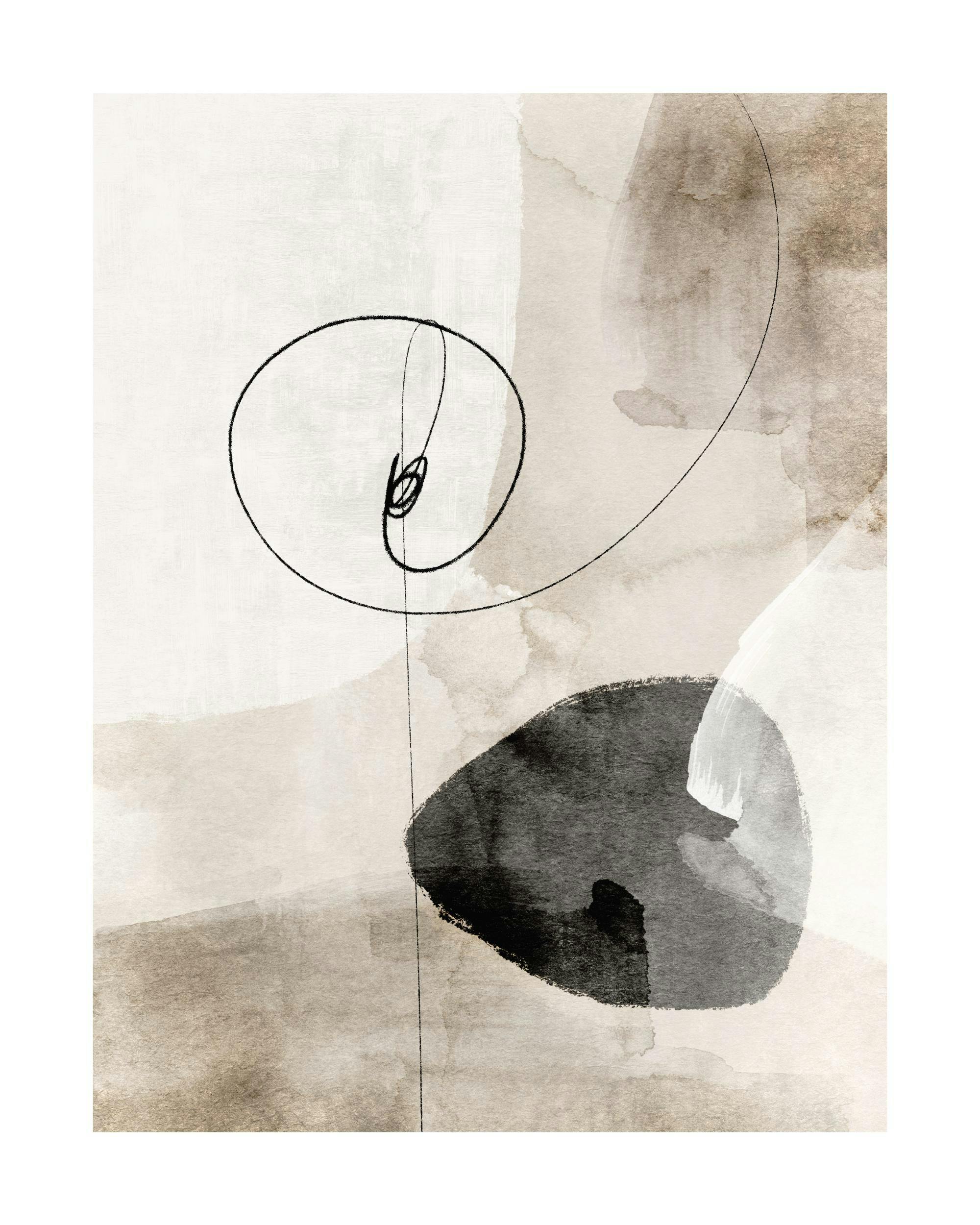 Aquarel poster met abstracte zwarte en beige vormen, lijnen en spiralen op een lichte achtergrond.