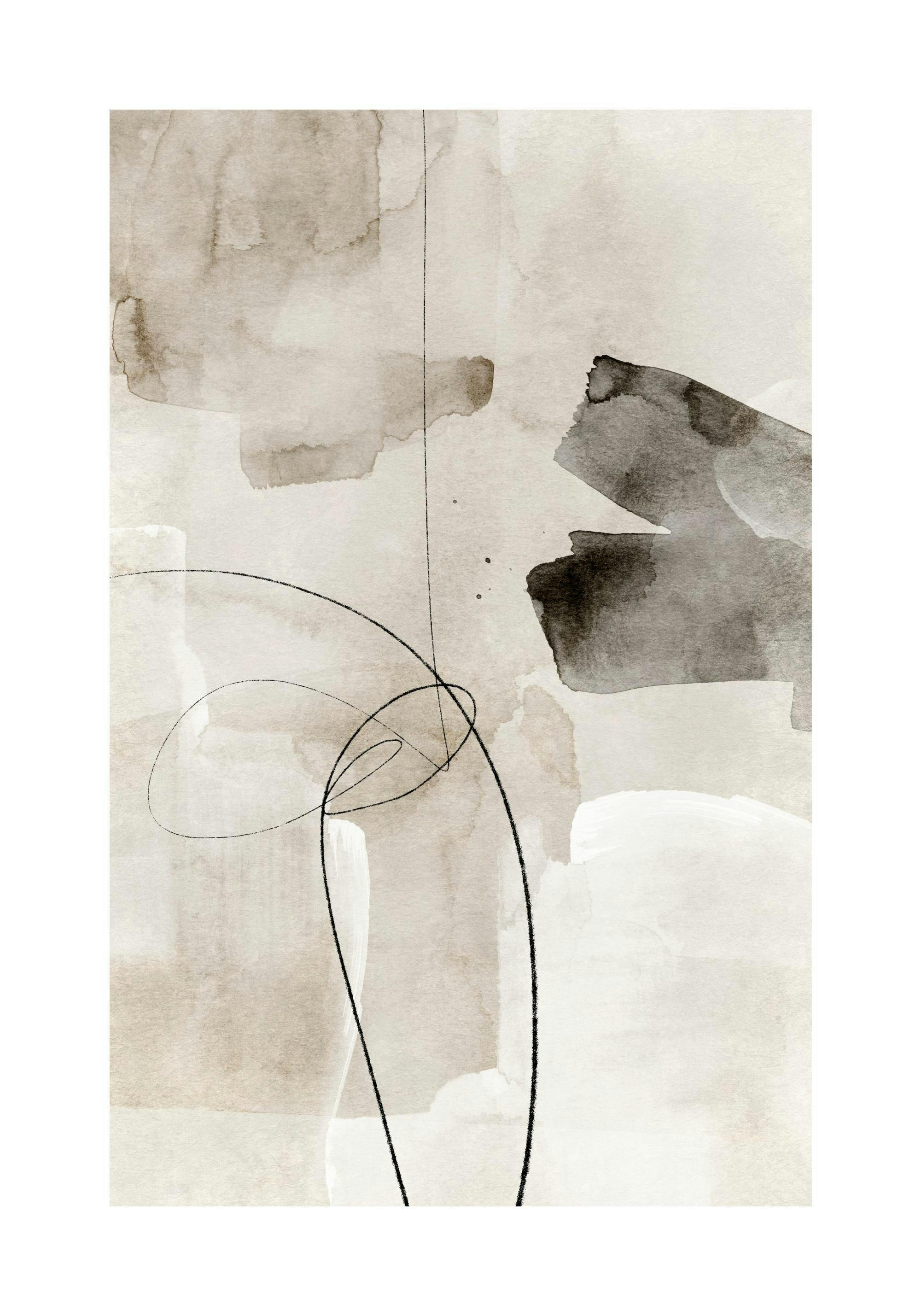 Abstracte aquarelposter met bruine, grijze en beige vlekken, met fijne zwarte lijnen en lussen