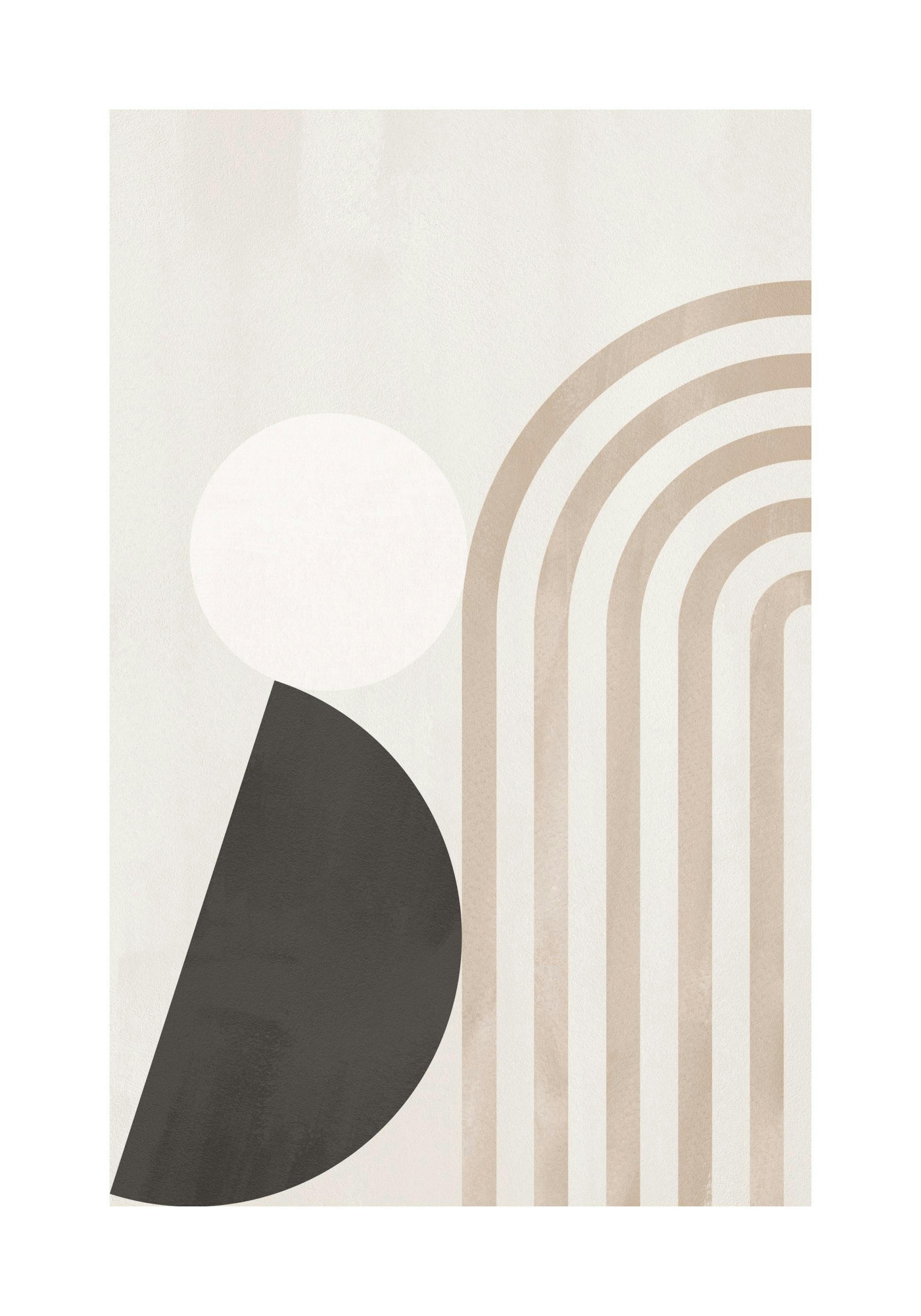 Modern art print with beige background, white circle, black half-circle, and beige arched stripes. Rustic curves design.